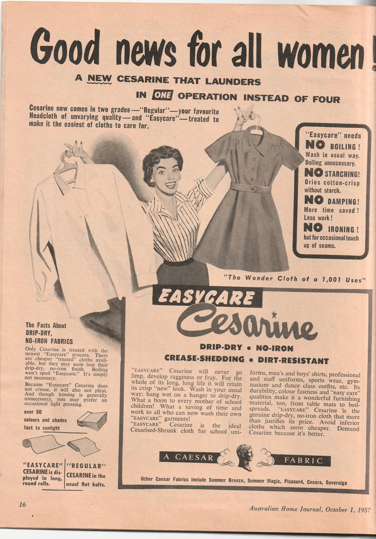 Australian Home Journal October 1957 Magazine with 2 Womens Full Skirt Dress & Toddler Girls Party Dress & Playsuit Factory Folded Paper Sewing Patterns Included