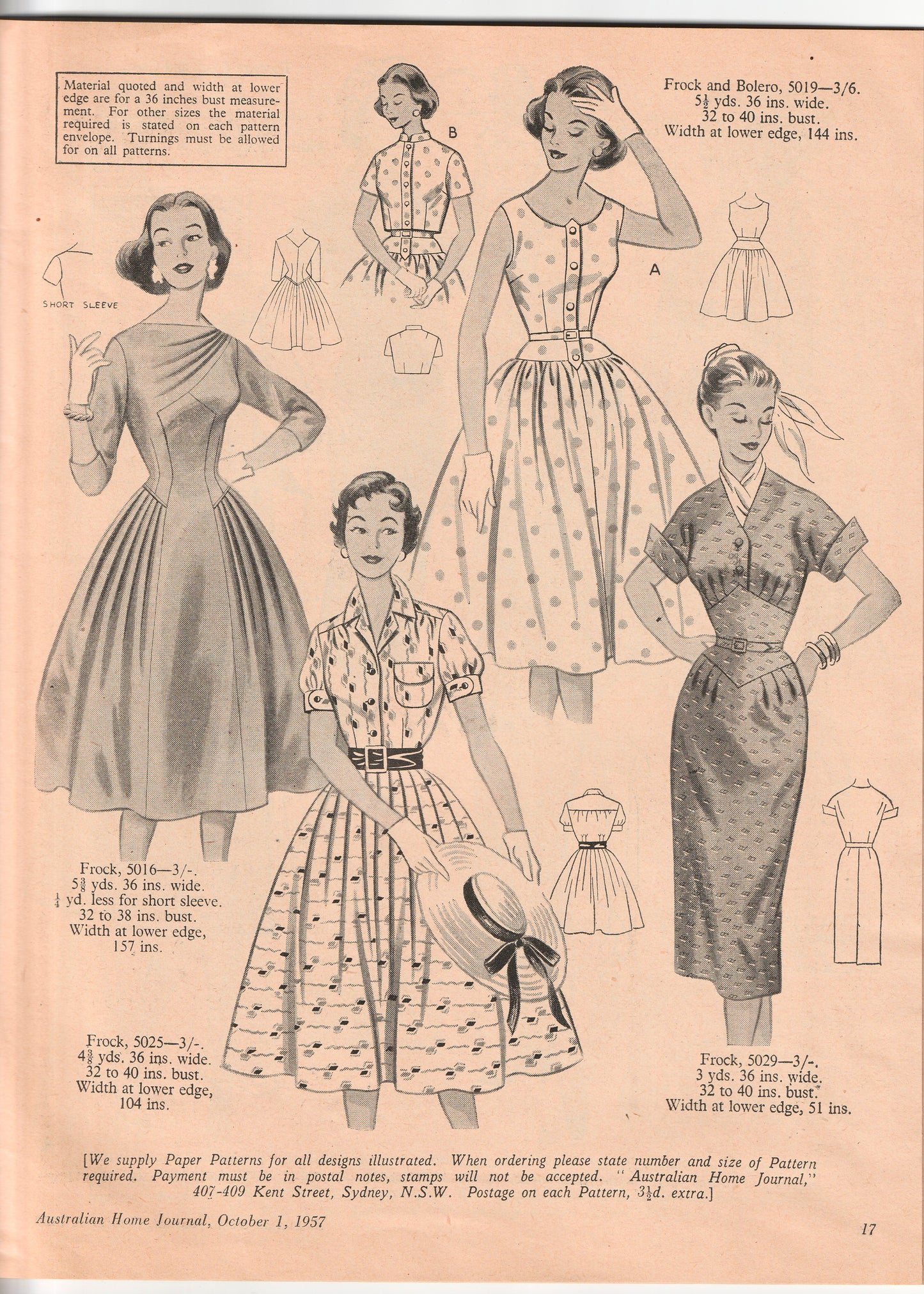Australian Home Journal October 1957 Magazine with 2 Womens Full Skirt Dress & Toddler Girls Party Dress & Playsuit Factory Folded Paper Sewing Patterns Included