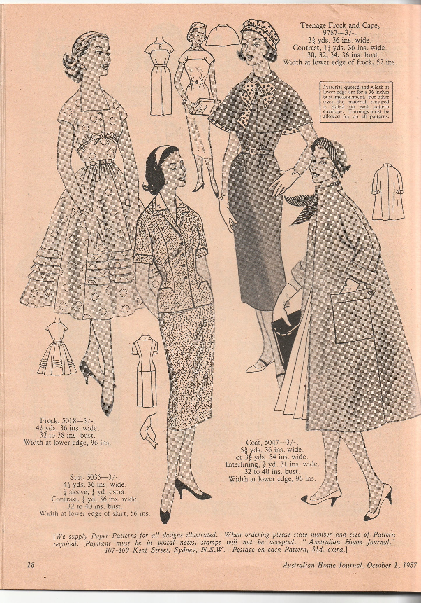 Australian Home Journal October 1957 Magazine with 2 Womens Full Skirt Dress & Toddler Girls Party Dress & Playsuit Factory Folded Paper Sewing Patterns Included