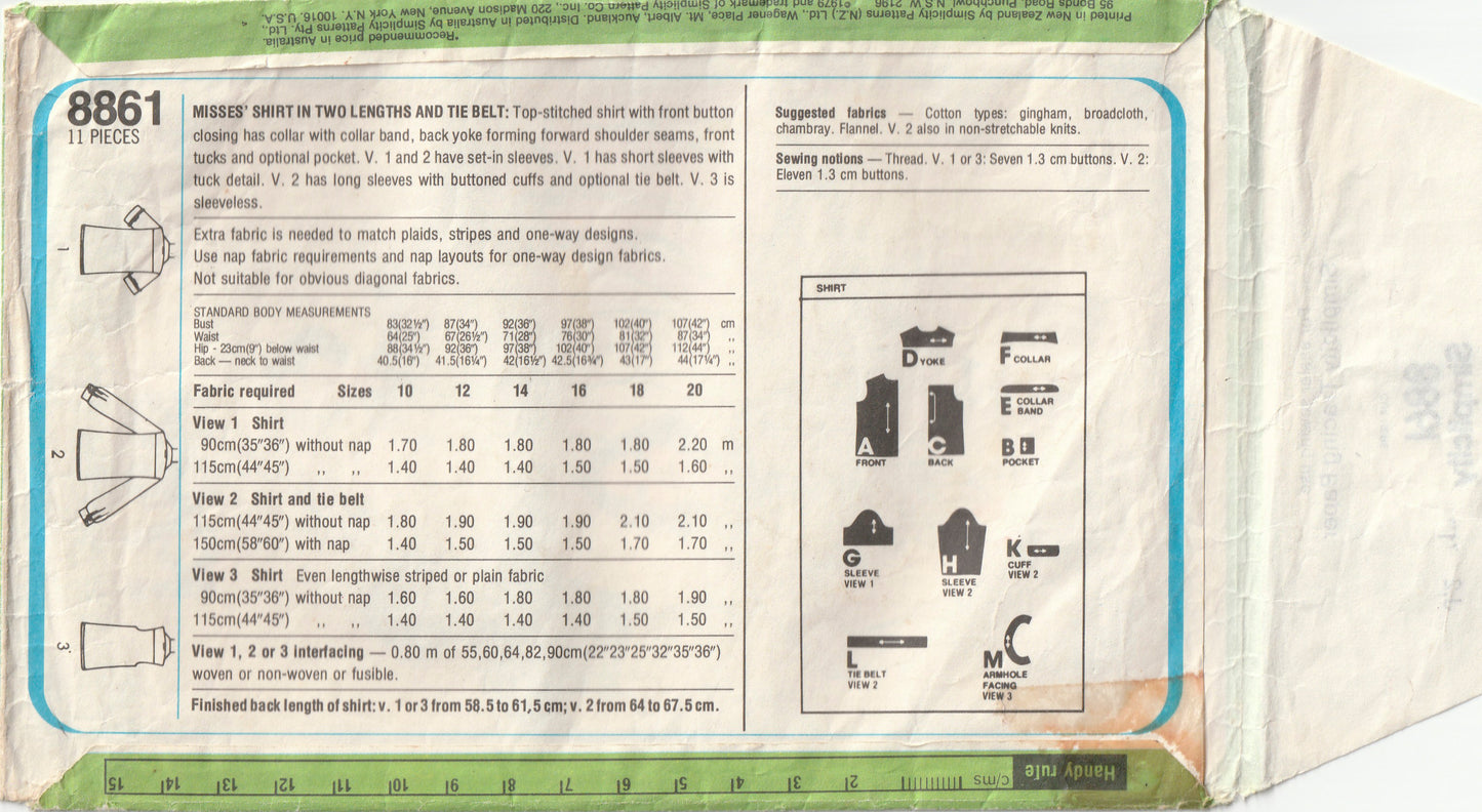 Simplicity 8861 Womens Classic Collared Shirts 1970s Vintage Paper Sewing Pattern Size 16 Bust 38 Inches