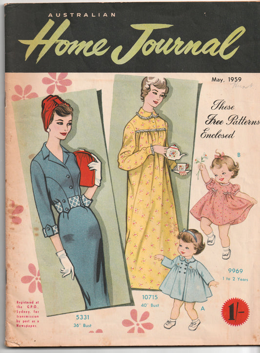 Australian Home Journal May 1959 Magazine with Womens Fitted Sheath Dress Nightgown & 2 Toddler Girls Dresses Factory Folded Paper Sewing Patterns Included