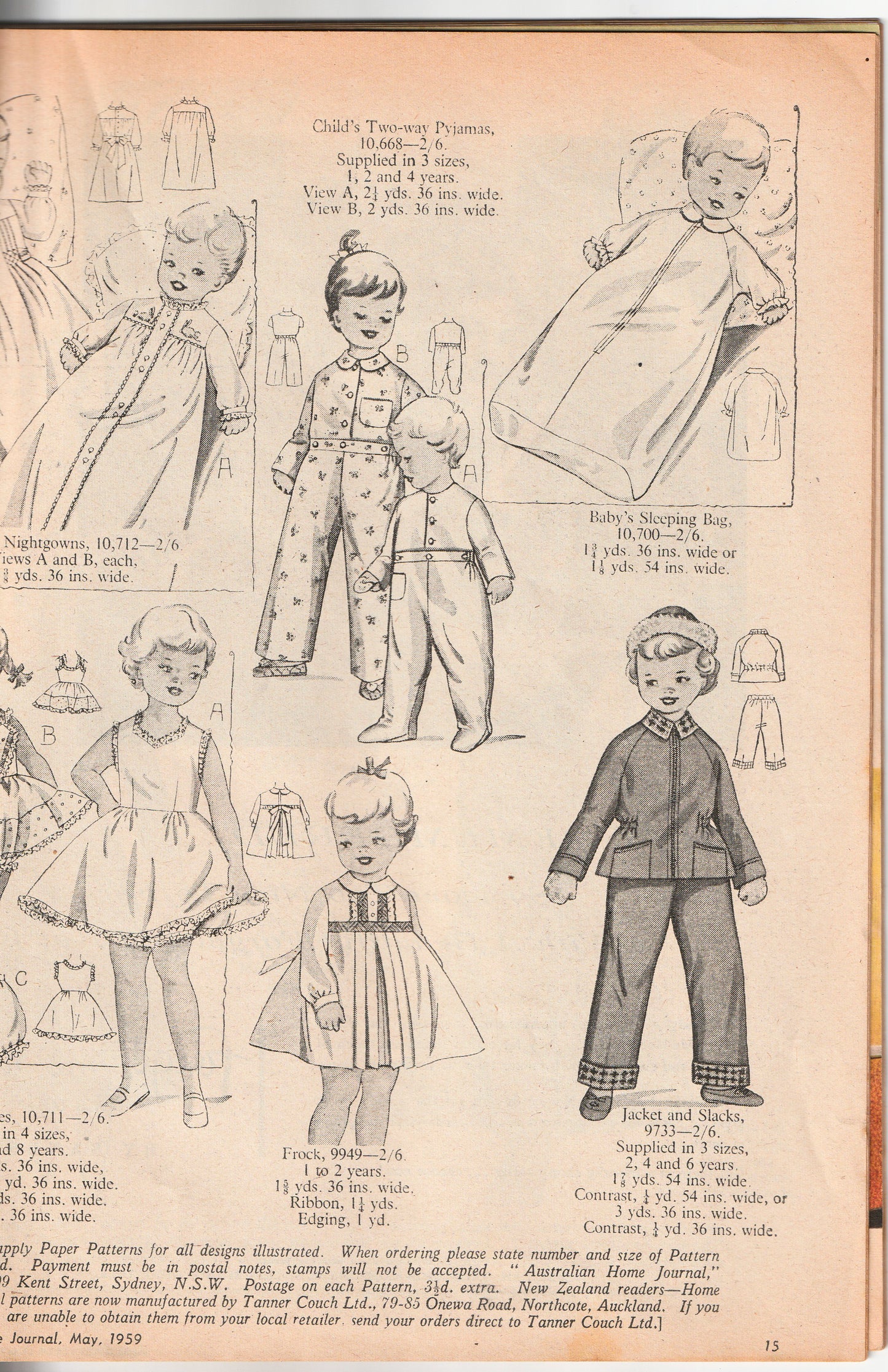 Australian Home Journal May 1959 Magazine with Womens Fitted Sheath Dress Nightgown & 2 Toddler Girls Dresses Factory Folded Paper Sewing Patterns Included