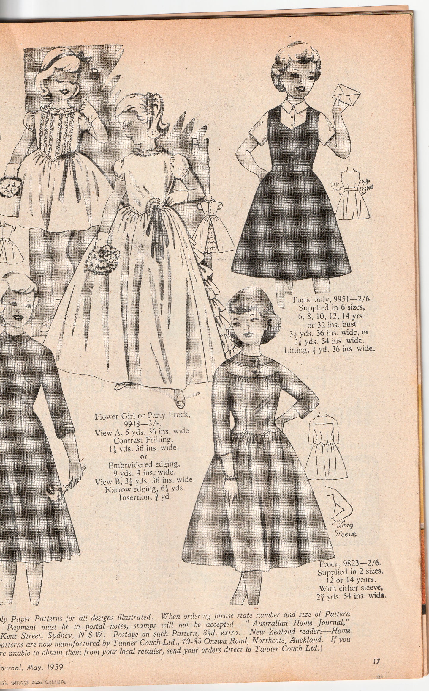 Australian Home Journal May 1959 Magazine with Womens Fitted Sheath Dress Nightgown & 2 Toddler Girls Dresses Factory Folded Paper Sewing Patterns Included