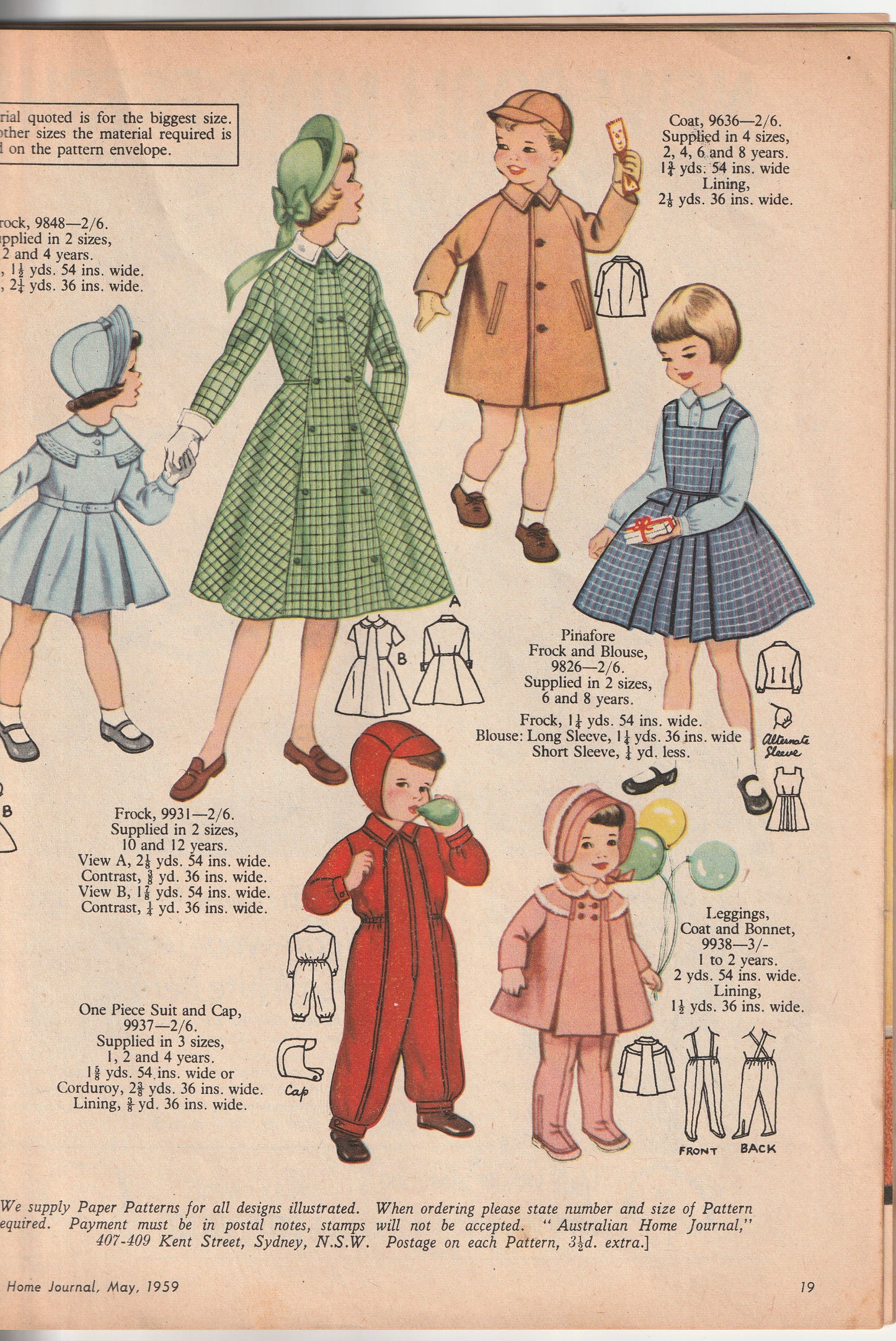 Australian Home Journal May 1959 Magazine with Womens Fitted Sheath Dress Nightgown & 2 Toddler Girls Dresses Factory Folded Paper Sewing Patterns Included