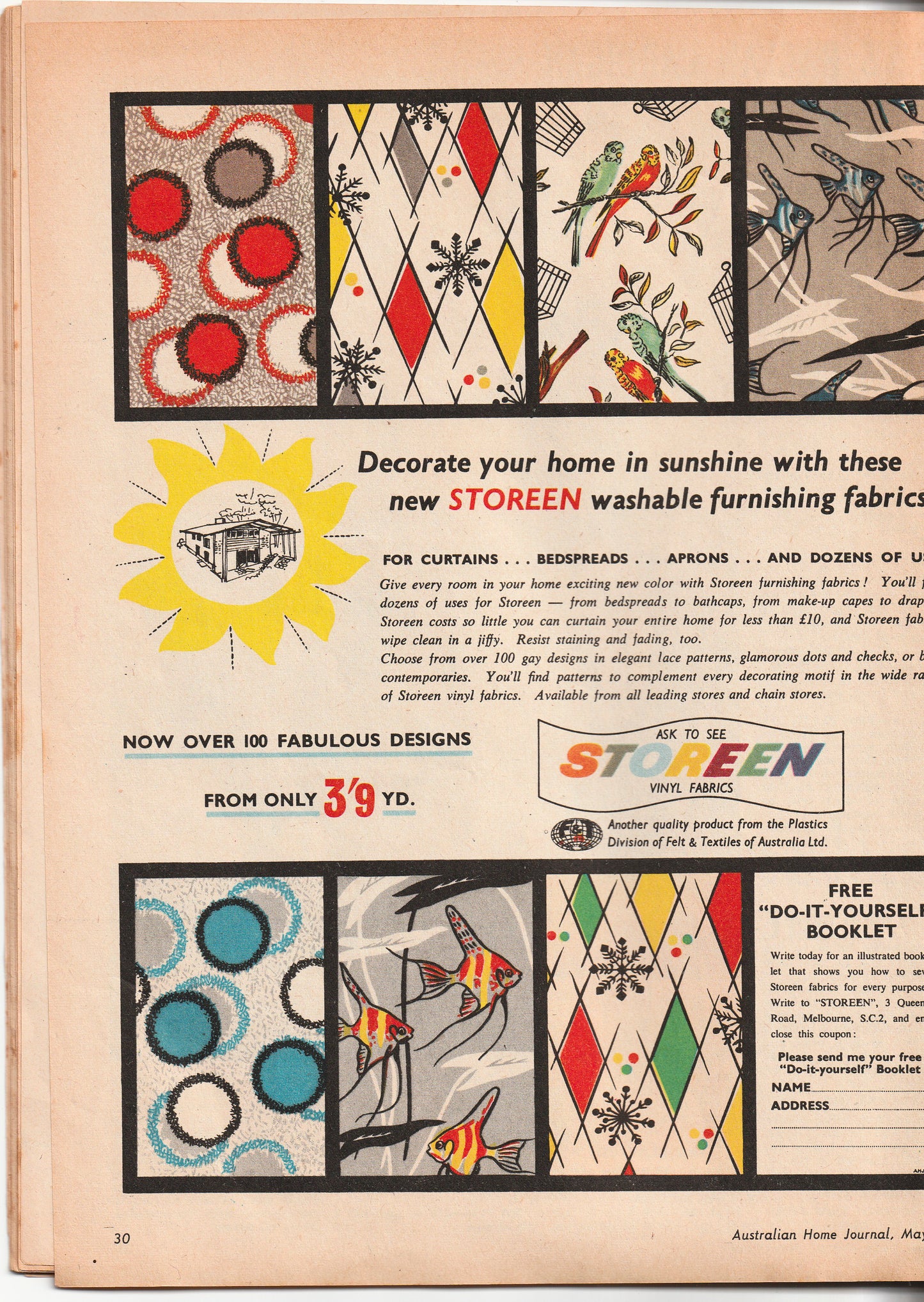 Australian Home Journal May 1959 Magazine with Womens Fitted Sheath Dress Nightgown & 2 Toddler Girls Dresses Factory Folded Paper Sewing Patterns Included