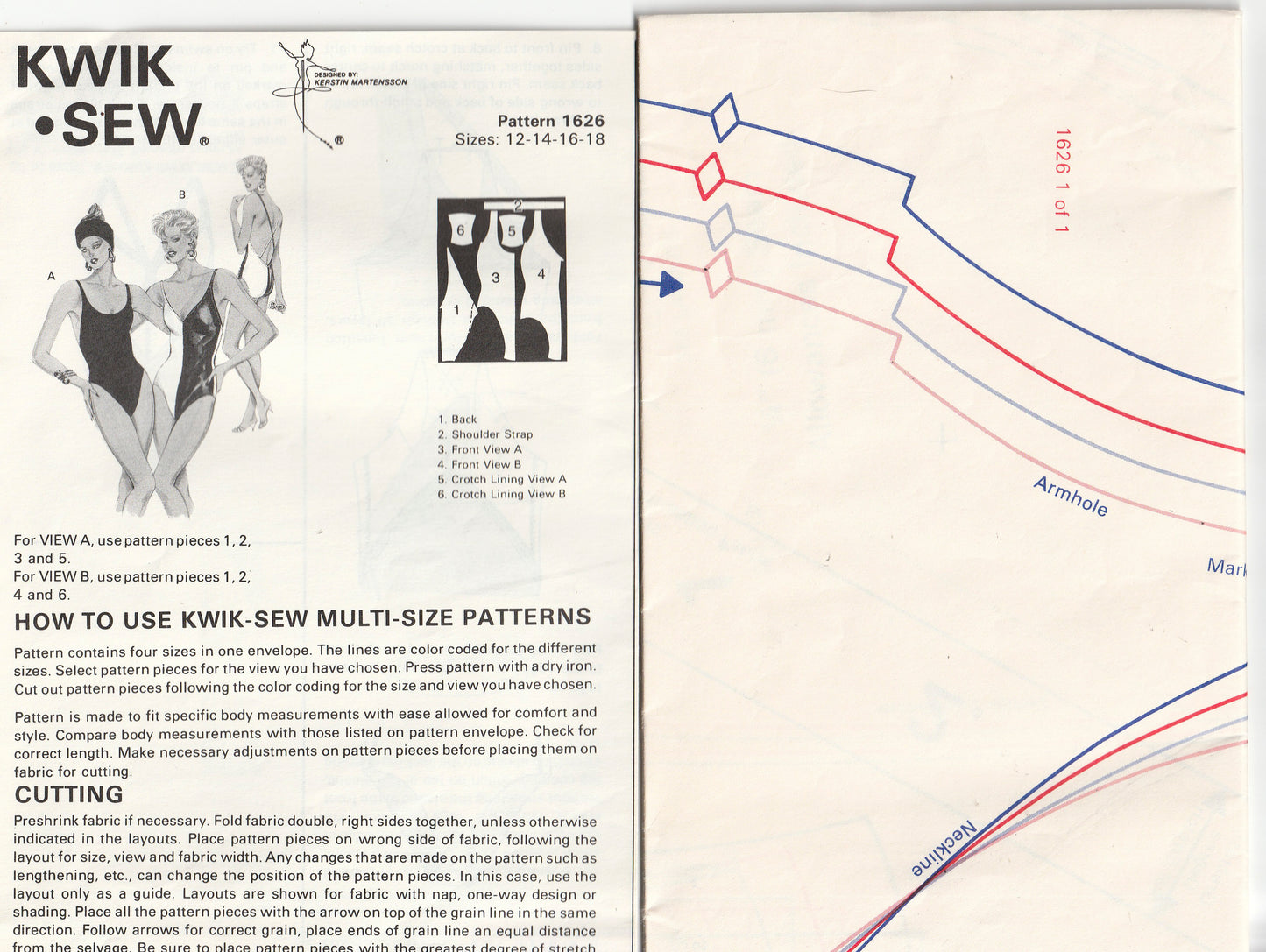 Kwik Sew 1626 Womens High Cut Leg Colour Block Stretch Low Back Swimsuit 1980s Vintage Paper Sewing Pattern Bust 37 - 41.5 inches UNCUT Factory Folded