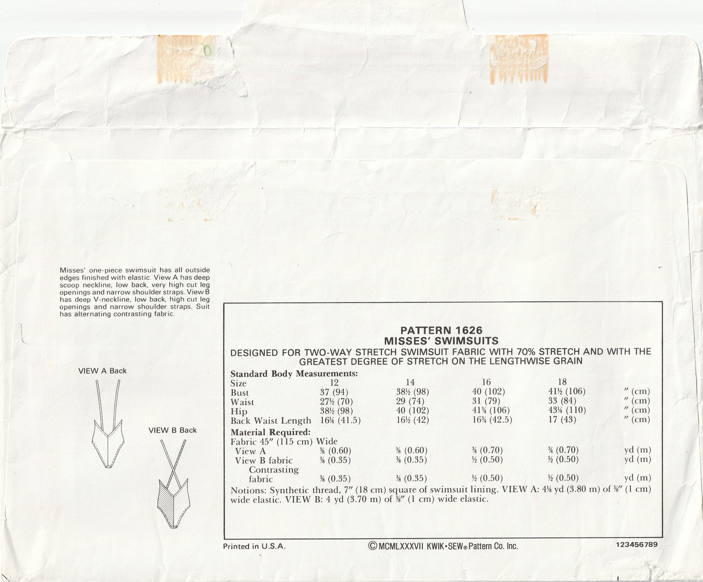 Kwik Sew 1626 Womens High Cut Leg Colour Block Stretch Low Back Swimsuit 1980s Vintage Paper Sewing Pattern Bust 37 - 41.5 inches UNCUT Factory Folded