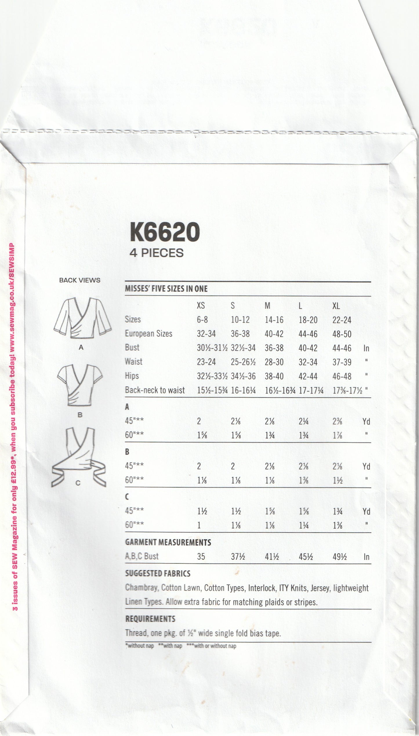 New Look 6620 Womens EASY Wrap Tops Out Of Print Paper Sewing Pattern Size 6 - 24 UNCUT Factory Folded