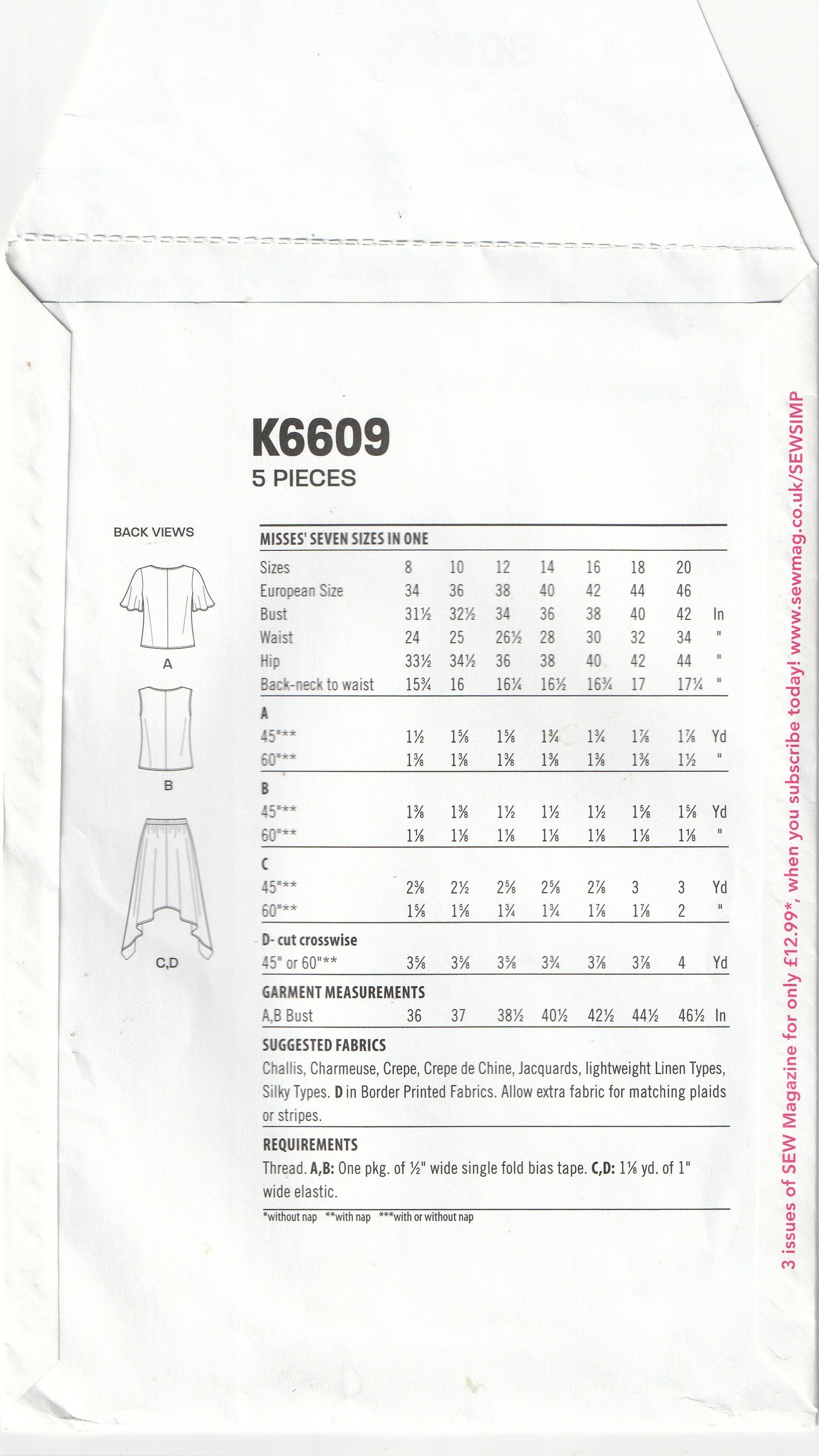 New Look 6609 Womens Tie Front Tops & Handkerchief Hem Skirts Out Of Print Paper Sewing Pattern Size 8 - 20 UNCUT Factory Folded