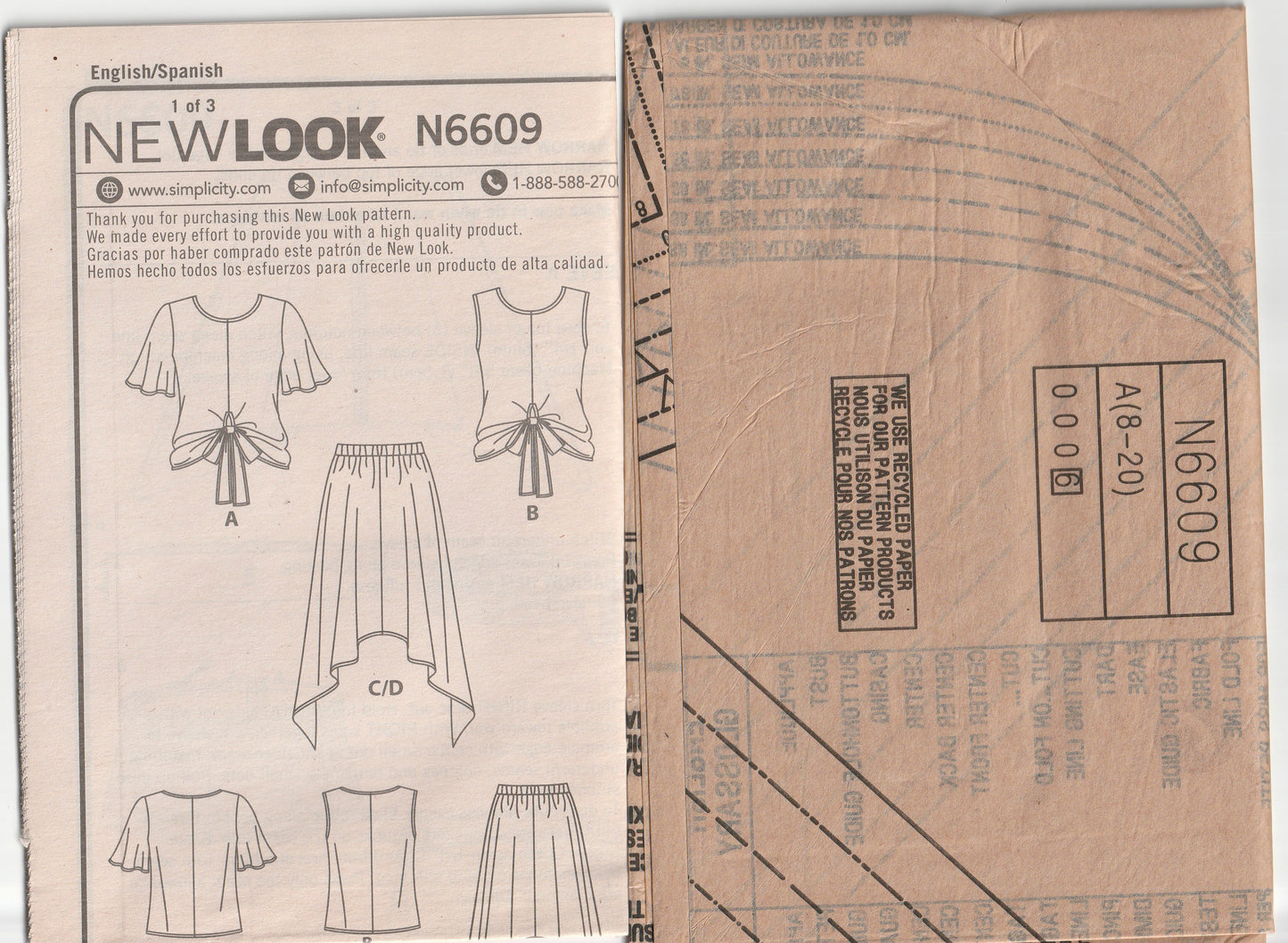 New Look 6609 Womens Tie Front Tops & Handkerchief Hem Skirts Out Of Print Paper Sewing Pattern Size 8 - 20 UNCUT Factory Folded