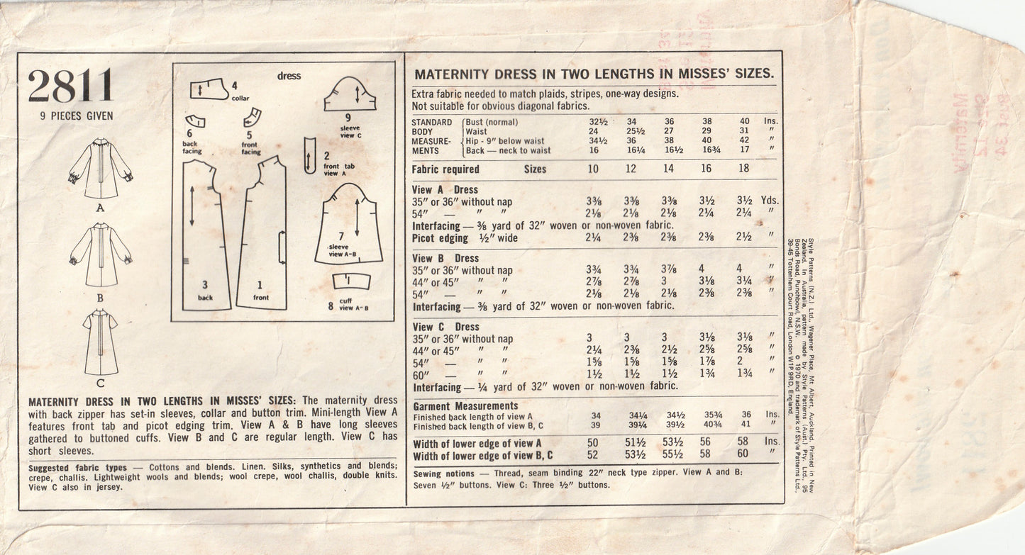 Style 2811 Womens Maternity Shift Dress with Wide Rounded Collar 1970s Vintage Paper Sewing Pattern Size 12 Bust 34 Inches