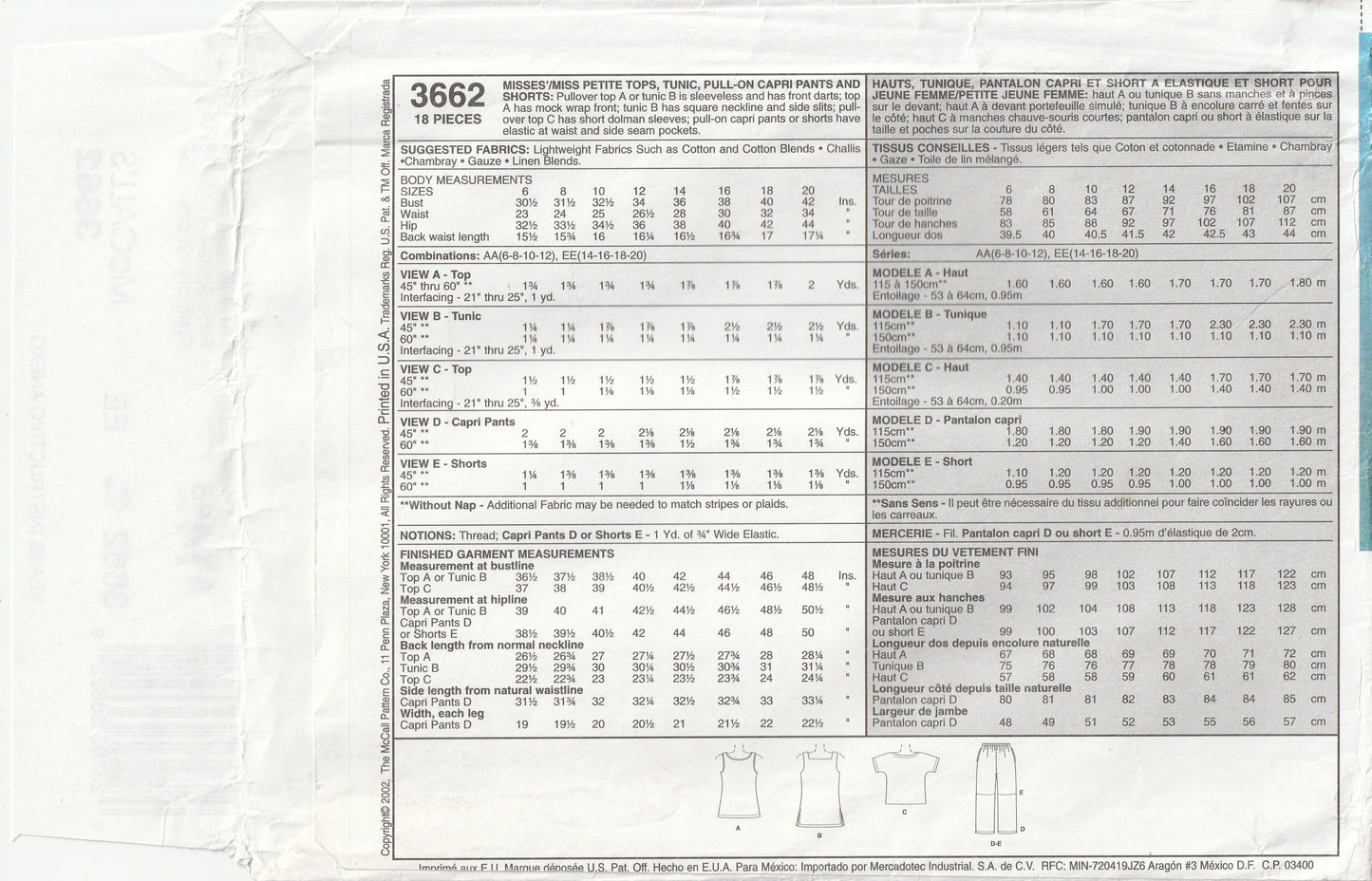 McCall's 3662 ENDLESS EASY OPTIONS Womens Summer Tops Tunics Capri Pants & Shorts Out Of Print Paper Sewing Pattern Size 14 - 20 UNCUT Factory Folded