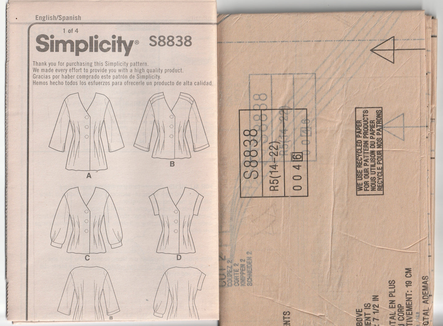 Simplicity 8838 Womens Collarless Waist Tucked Shirts Out Of Print Paper Sewing Pattern Size 14 - 22 UNCUT Factory Folded