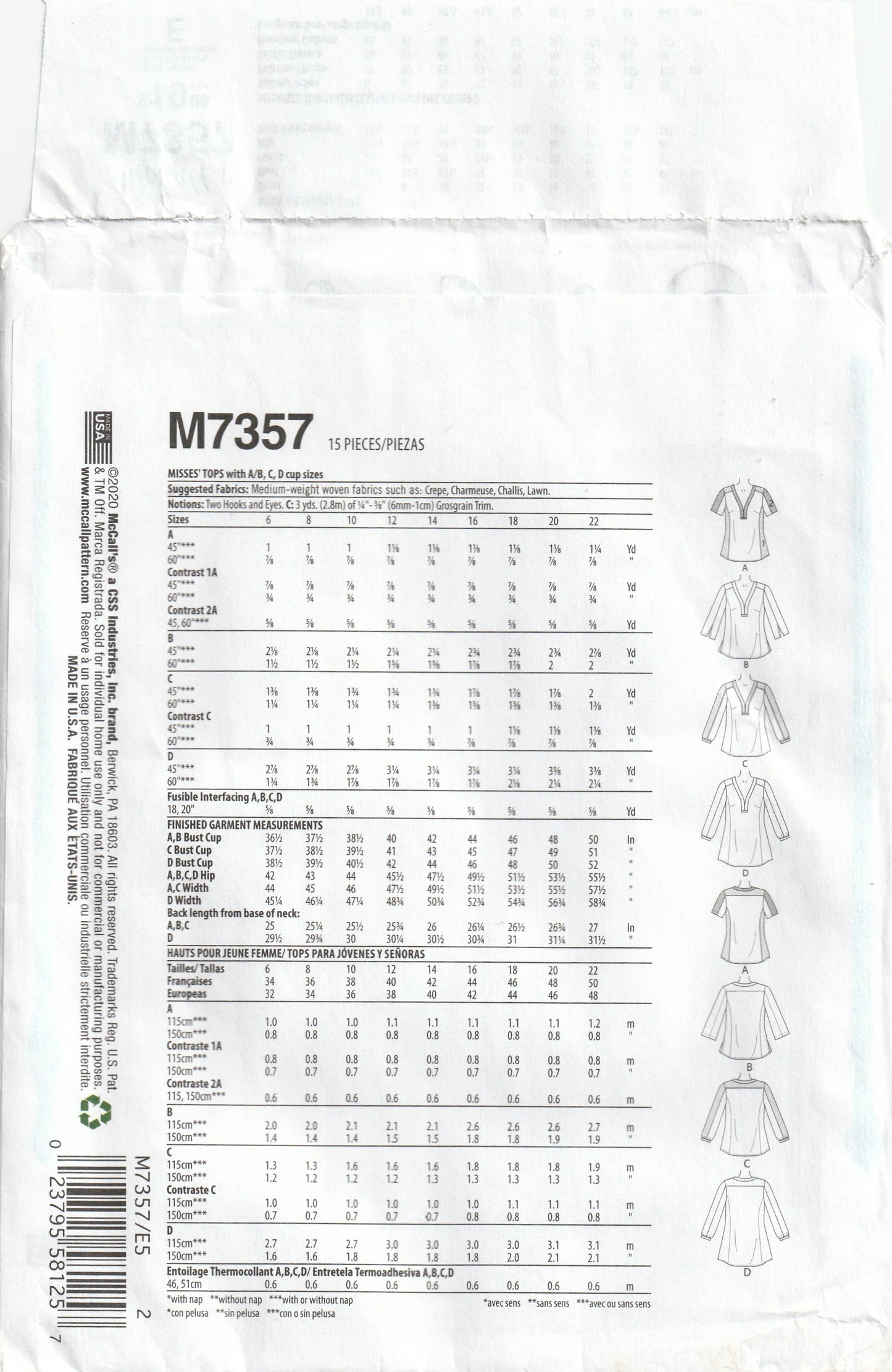 McCall's 7357 Womens Fit & Flared Pullover Tops Out Of Print Paper Sewing Pattern Size 14 - 22 UNCUT Factory Folded