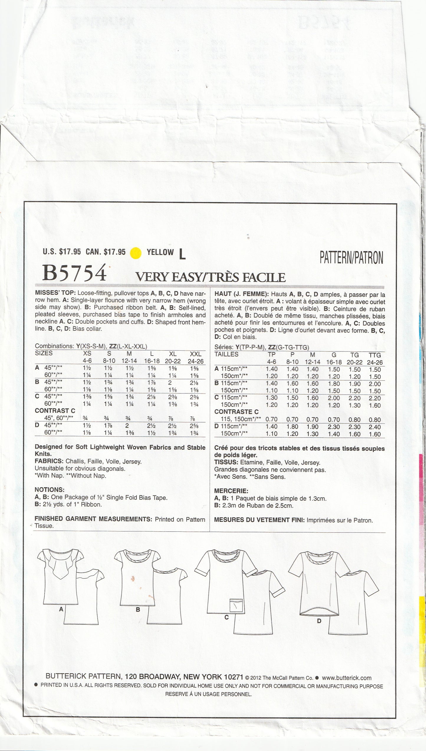 Butterick 5754 Womens Fast & Easy Pullover Tops Out Of Print Paper Sewing Pattern Size XS - M UNCUT Factory Folded
