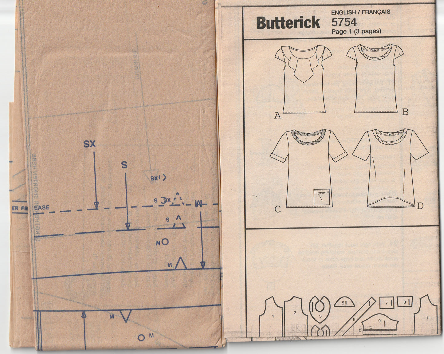 Butterick 5754 Womens Fast & Easy Pullover Tops Out Of Print Paper Sewing Pattern Size XS - M UNCUT Factory Folded