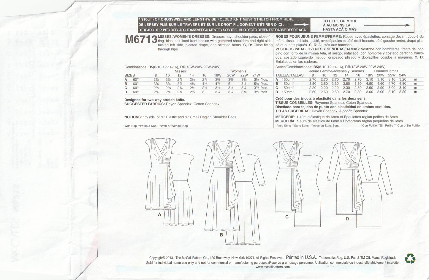 McCall's 6713 Womens 2 Way Stretch Knit Mock Wrap Dresses Out Of Print Paper Sewing Pattern Size 8 - 16 UNCUT Factory Folded
