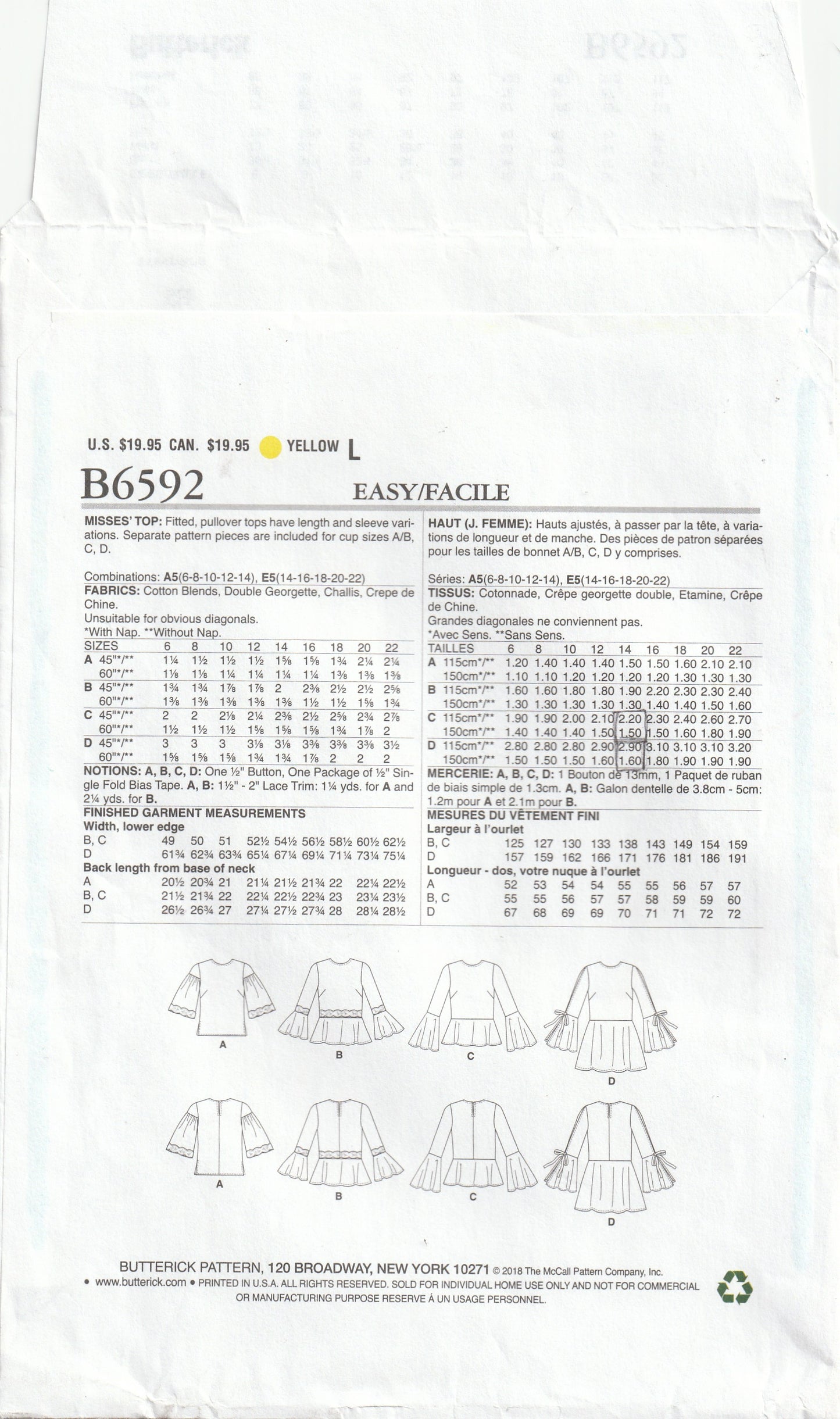 Butterick 6592 Womens Pullover Tops with Sleeve & Hem Variations Out Of Print Paper Sewing Pattern Sizes 14 - 22 UNCUT Factory Folded