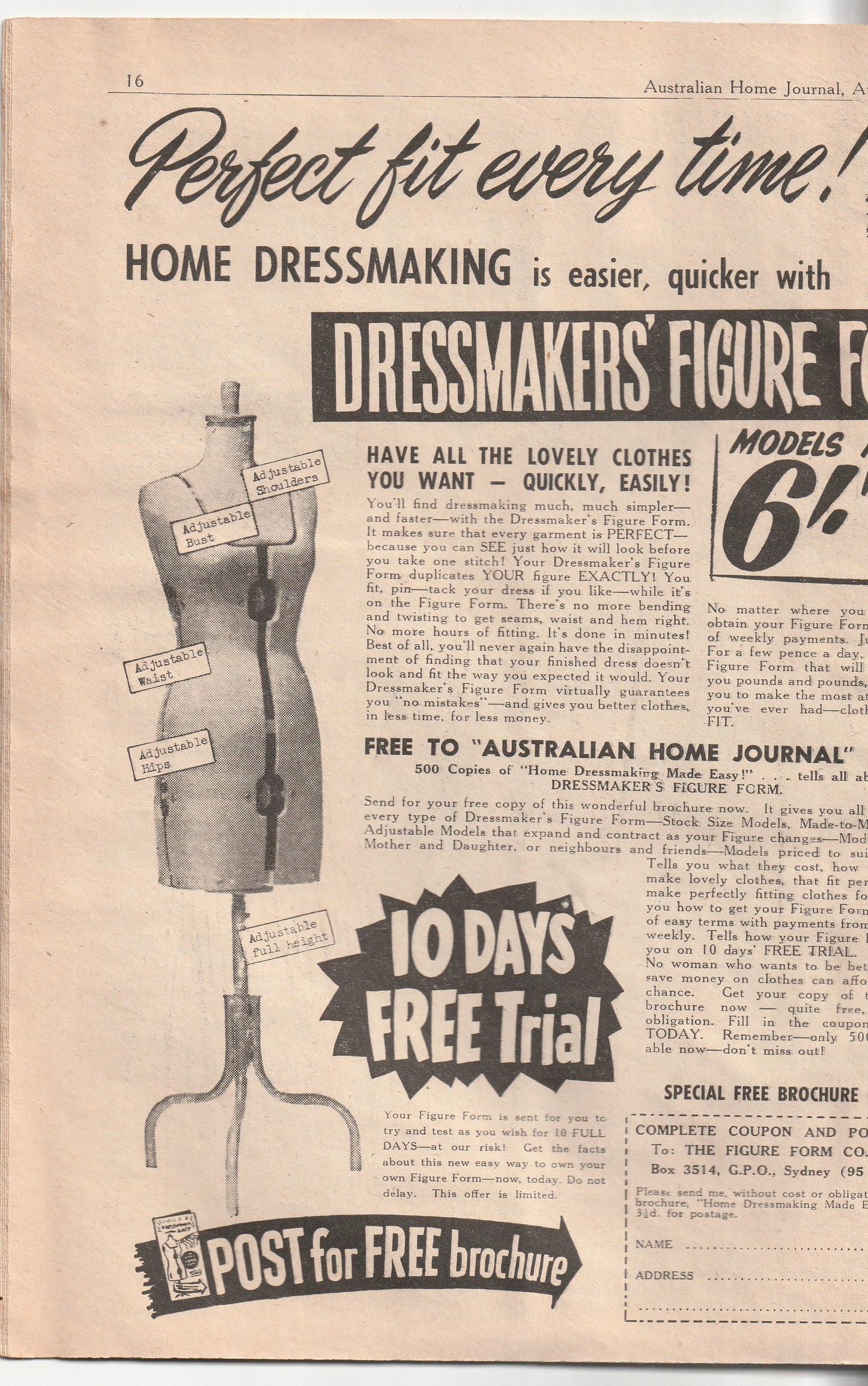 Australian Home Journal August 1956 Magazine with Womens Full Skirt Dress & Sheath Dress & Baby Girls Dresses Factory Folded Paper Sewing Patterns Included