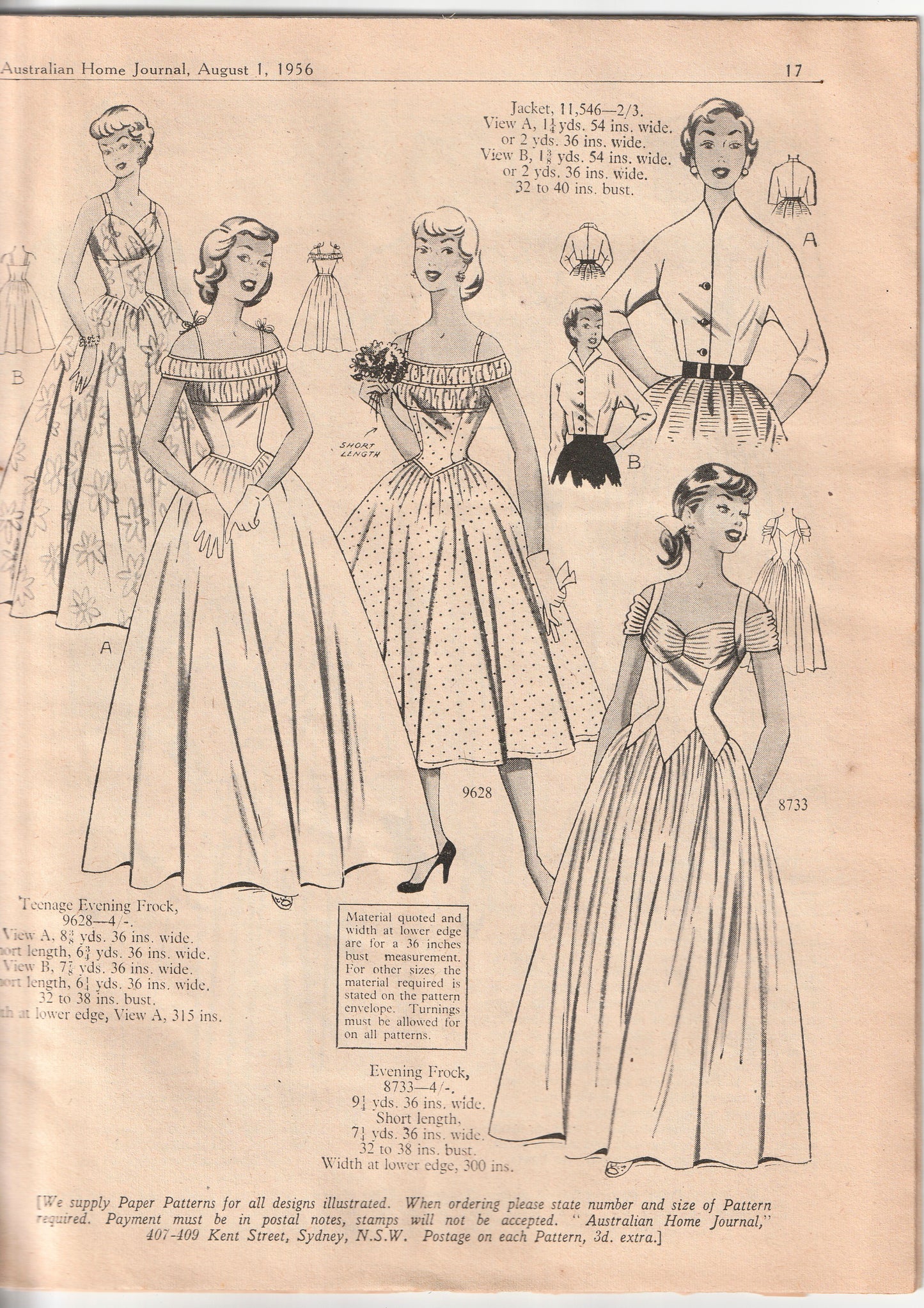 Australian Home Journal August 1956 Magazine with Womens Full Skirt Dress & Sheath Dress & Baby Girls Dresses Factory Folded Paper Sewing Patterns Included