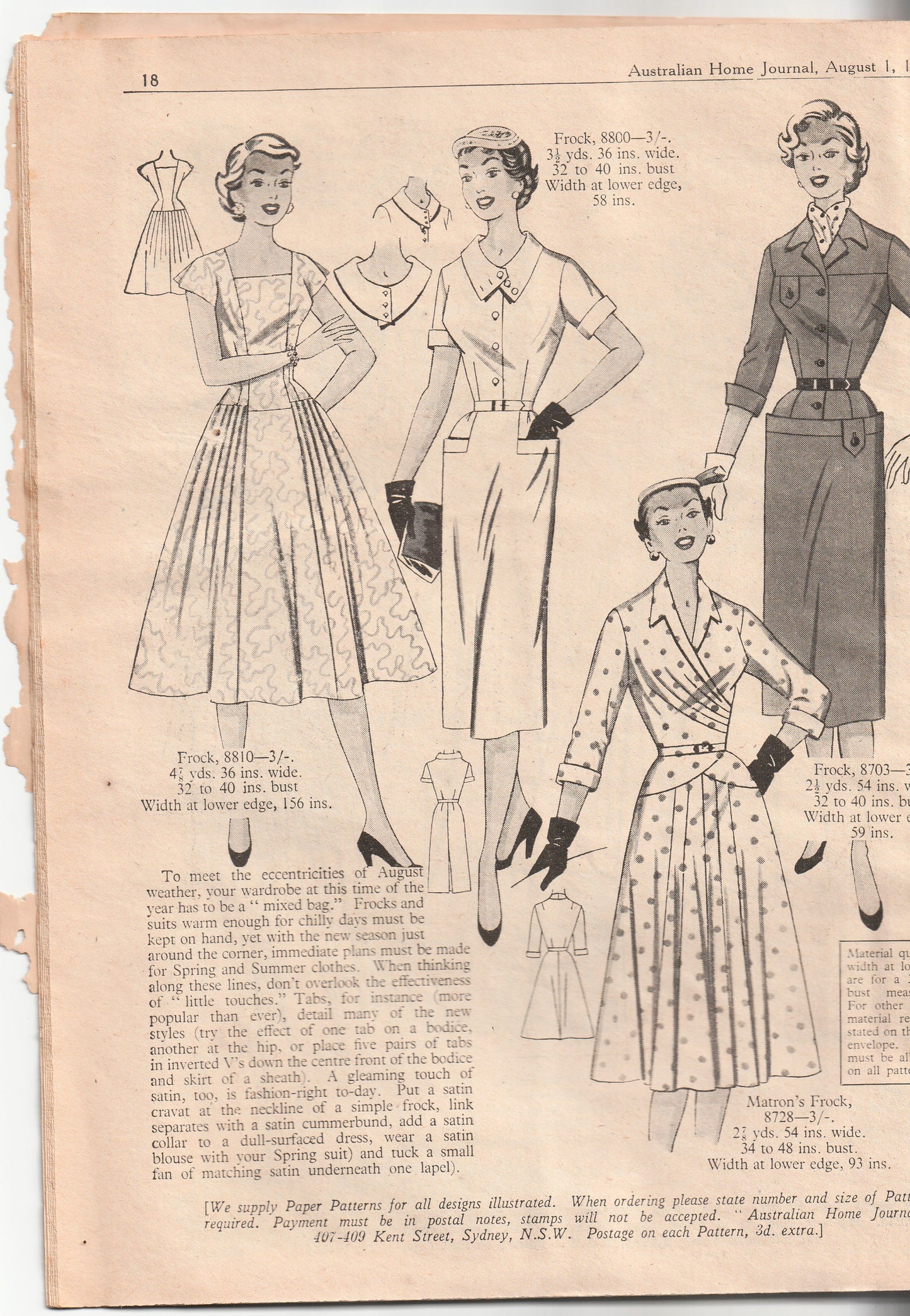 Australian Home Journal August 1956 Magazine with Womens Full Skirt Dress & Sheath Dress & Baby Girls Dresses Factory Folded Paper Sewing Patterns Included