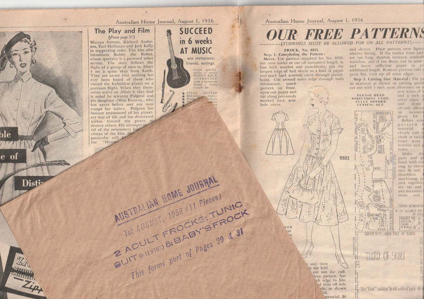 Australian Home Journal August 1956 Magazine with Womens Full Skirt Dress & Sheath Dress & Baby Girls Dresses Factory Folded Paper Sewing Patterns Included