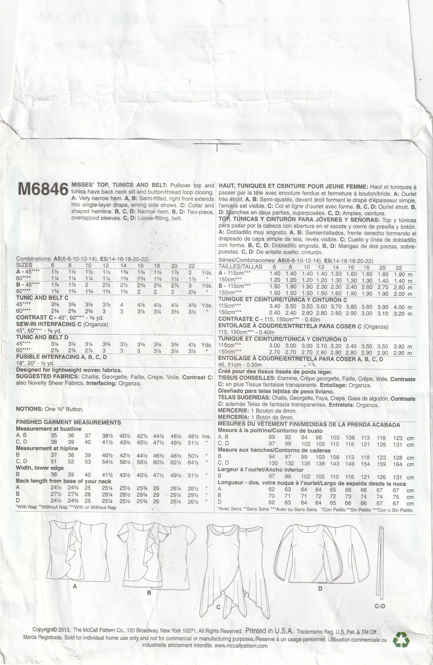 McCall's 6846 Womens Day or Evening Tops Tunics & Belt Out Of Print Paper Sewing Pattern Size 14 - 22 UNCUT Factory Folded