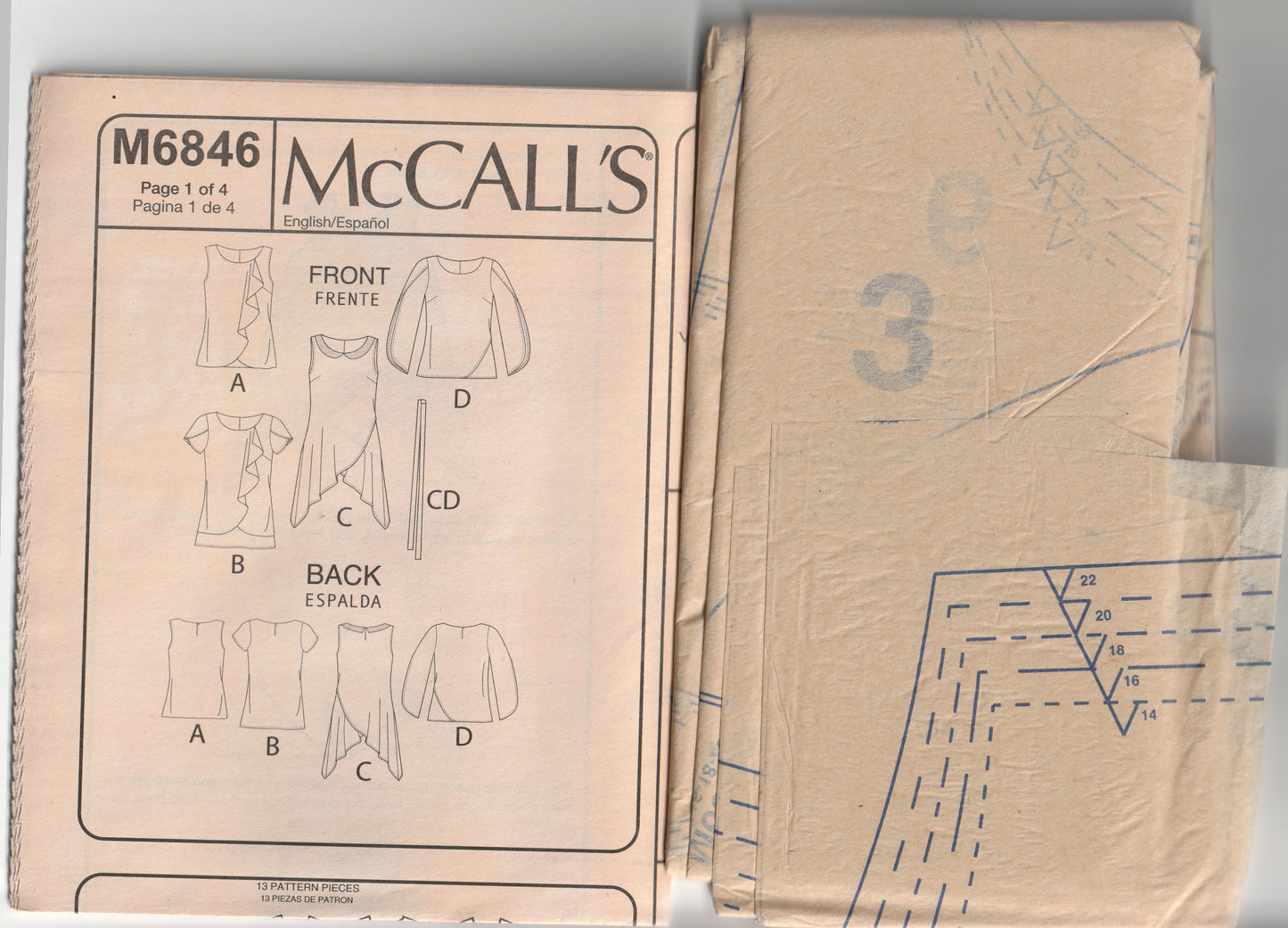 McCall's 6846 Womens Day or Evening Tops Tunics & Belt Out Of Print Paper Sewing Pattern Size 14 - 22 UNCUT Factory Folded