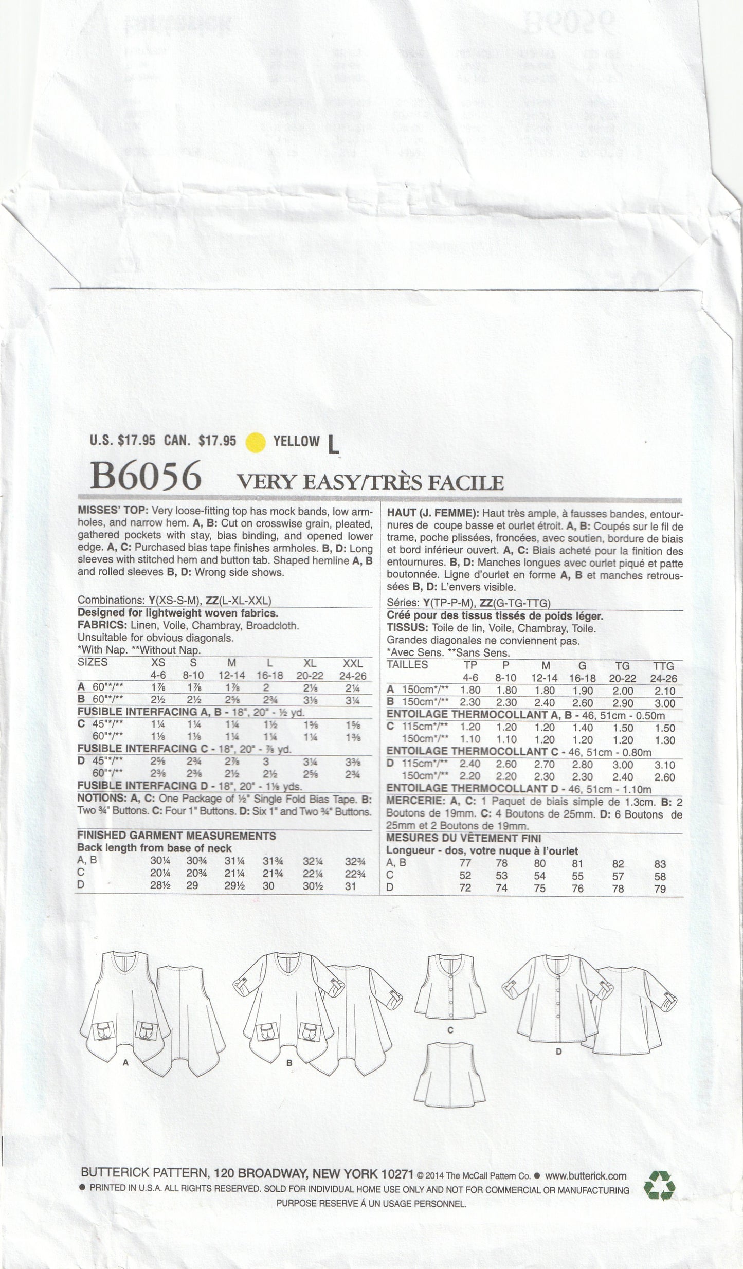 Butterick 6056 Womens EASY Loose Fitting Pullover Tent Tops & Tunics Out Of Print Paper Sewing Pattern Sizes L-XXL UNCUT Factory Folded