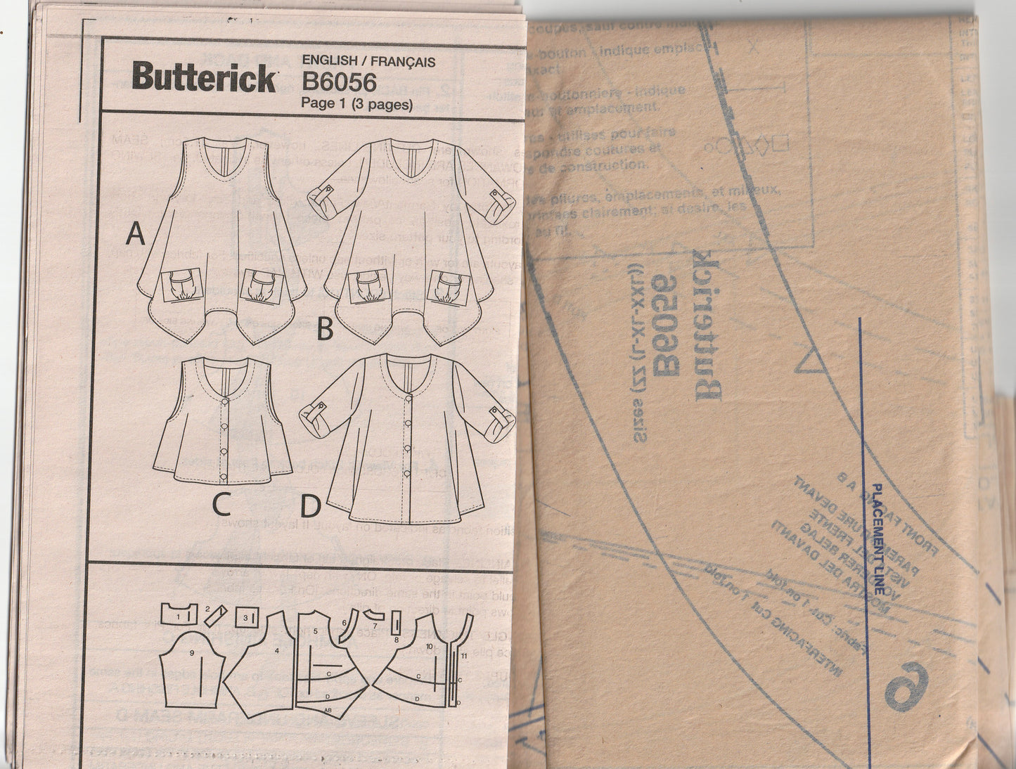 Butterick 6056 Womens EASY Loose Fitting Pullover Tent Tops & Tunics Out Of Print Paper Sewing Pattern Sizes L-XXL UNCUT Factory Folded