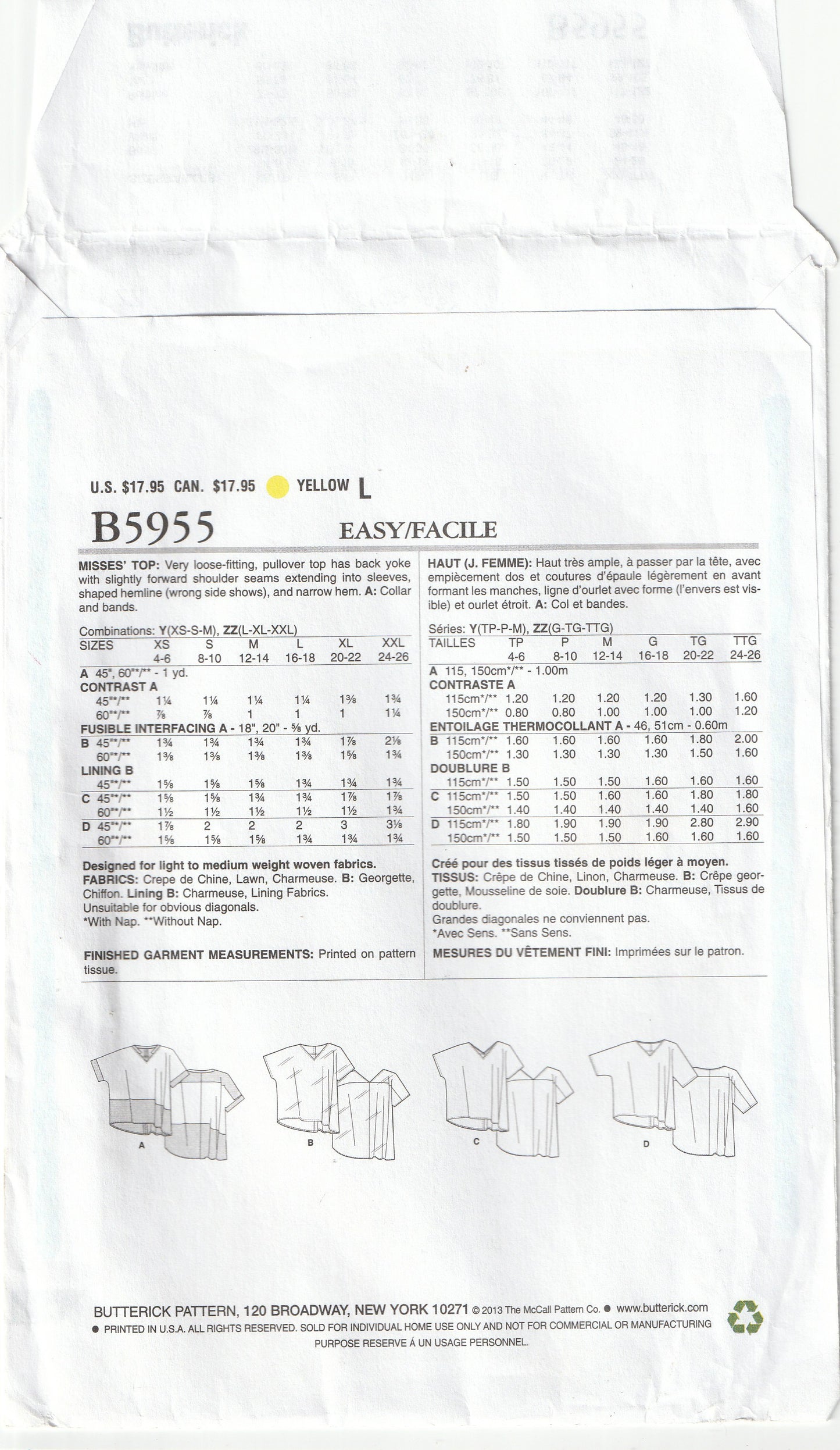 Butterick 5955 Womens EASY Loose Fitting V Neck Pullover Tops Out Of Print Paper Sewing Pattern Sizes L-XXL UNCUT Factory Folded