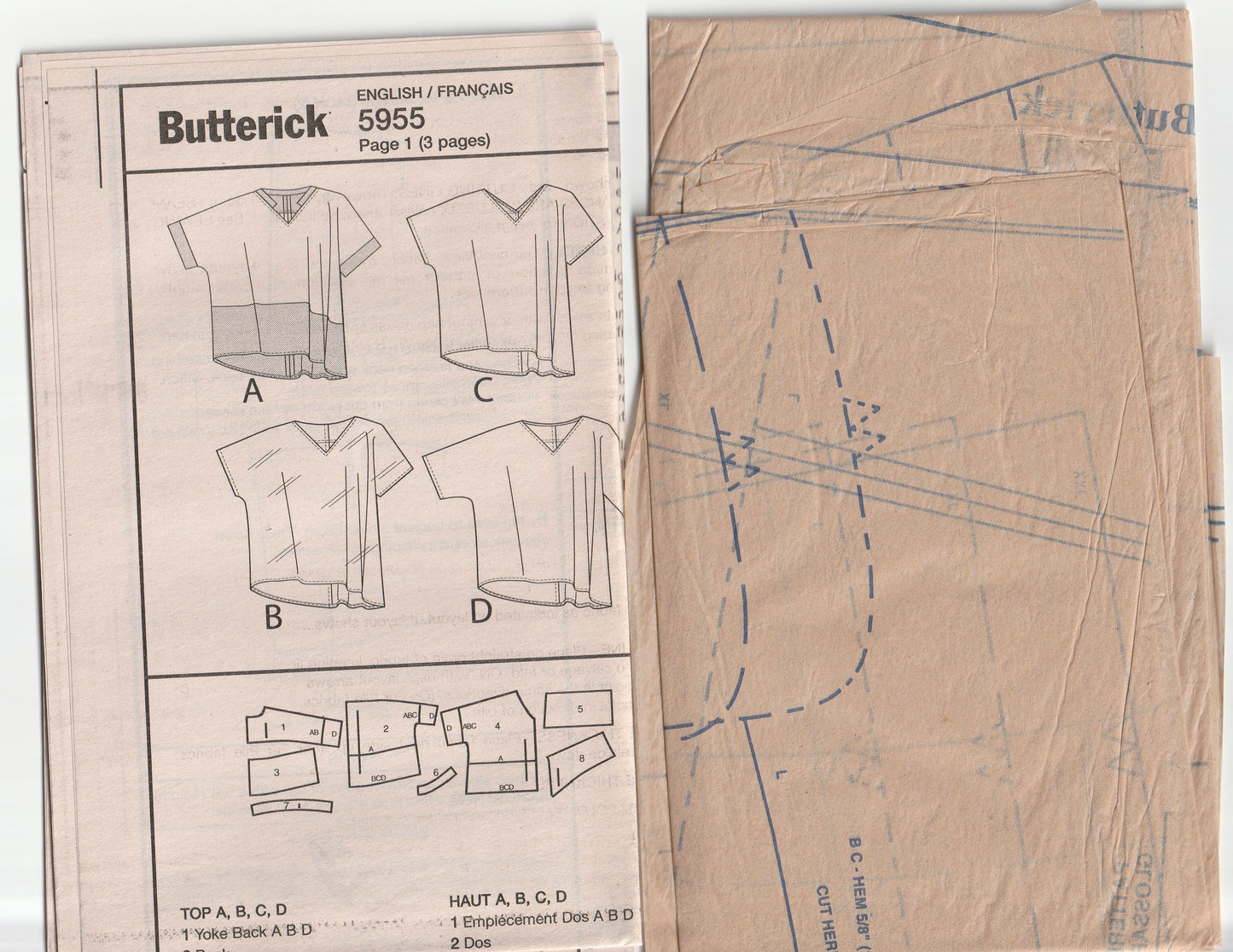 Butterick 5955 Womens EASY Loose Fitting V Neck Pullover Tops Out Of Print Paper Sewing Pattern Sizes L-XXL UNCUT Factory Folded