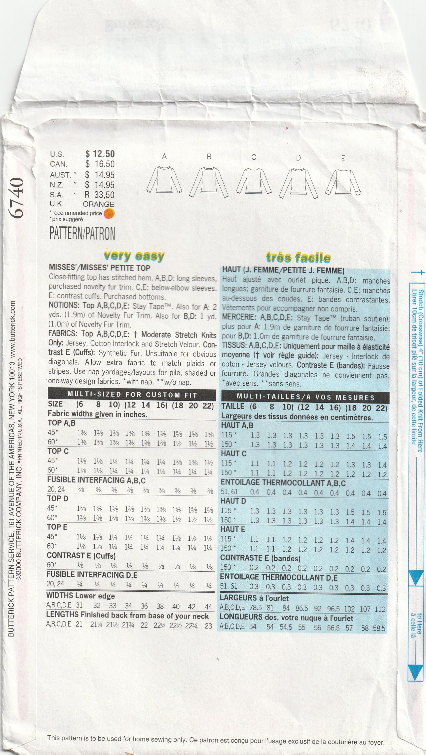 Butterick 6740 Womens Stretch Knit Long Sleeved Tops with Optional Fur Trim Neckline Out Of Print Paper Sewing Pattern Size 6 - 10 UNCUT Factory Folded
