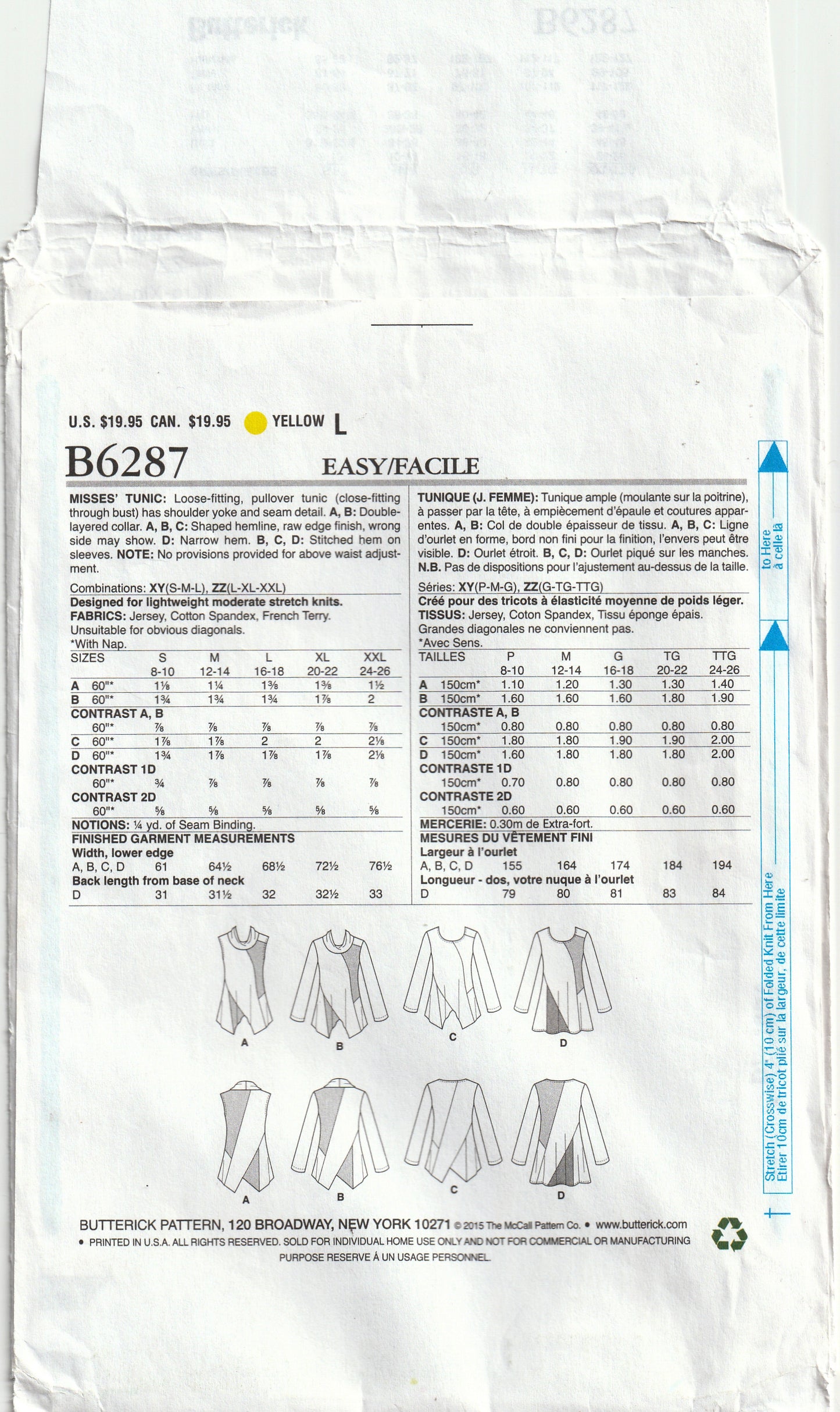 Butterick 6287 Womens Stretch Knit Pullover Tunic Tops with Shoulder Yoke & Seam Detail Out Of Print Paper Sewing Pattern Sizes L-XXL UNCUT Factory Folded