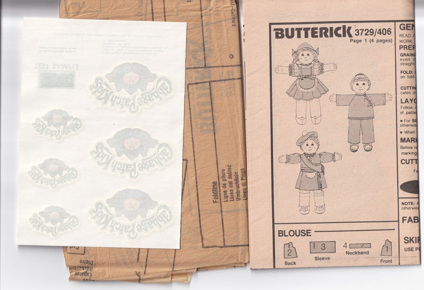Butterick 3729 CABBAGE PATCH KIDS International Dolls Clothes & Costumes 1980s Vintage Paper Sewing Pattern with Iron On Transfers UNCUT Factory Folded