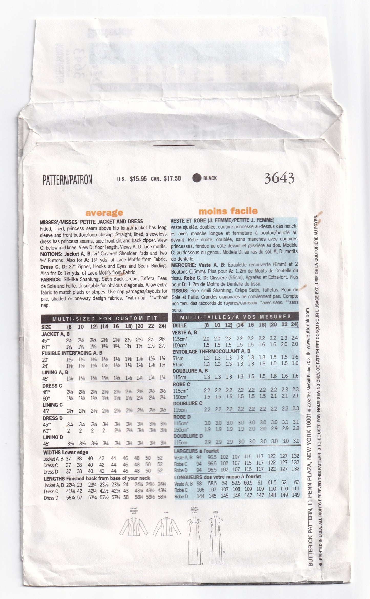 Butterick 3643 Womens Princess Seamed Evening Dress & Jacket Out Of Print Paper Sewing Pattern Size 8 - 12 UNCUT Factory Folded