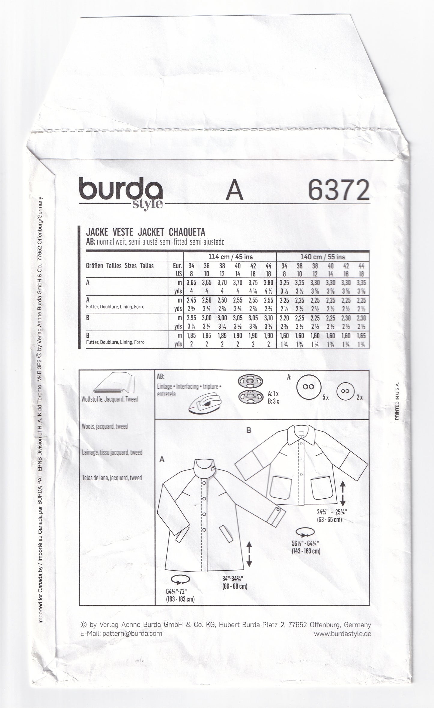 Burda Style 6372 Womens Raglan Sleeved Coat or Jacket Out Of Print Paper Sewing Pattern Sizes 8 - 18 UNCUT Factory Folded