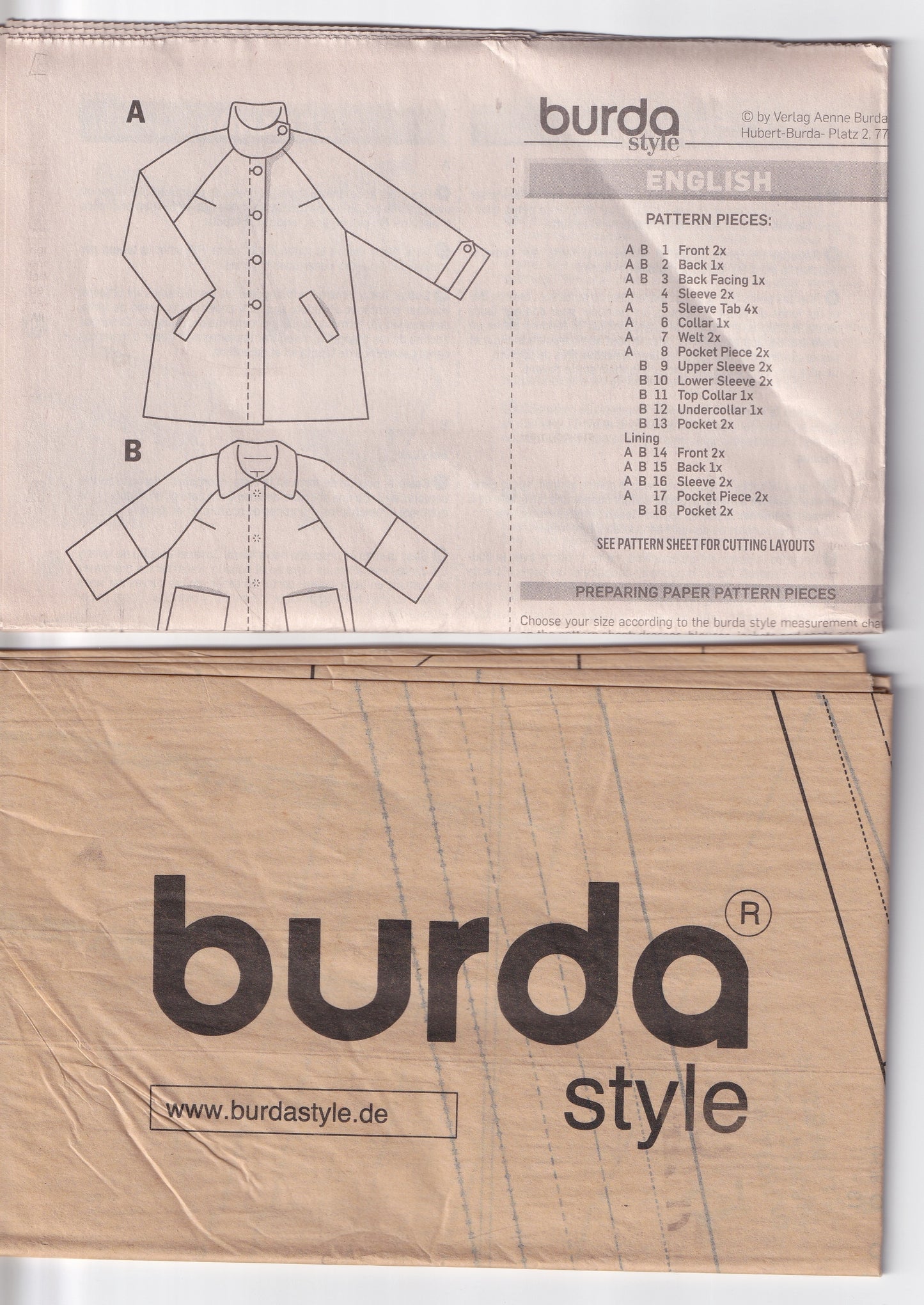 Burda Style 6372 Womens Raglan Sleeved Coat or Jacket Out Of Print Paper Sewing Pattern Sizes 8 - 18 UNCUT Factory Folded