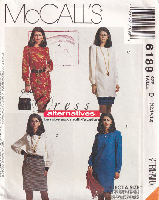 McCall's 6189 Womens Dress Alternatives Slim Dress Top Tunic & Skirt 1990s Vintage Paper Sewing Pattern Size 12 - 16 UNCUT Factory Folded