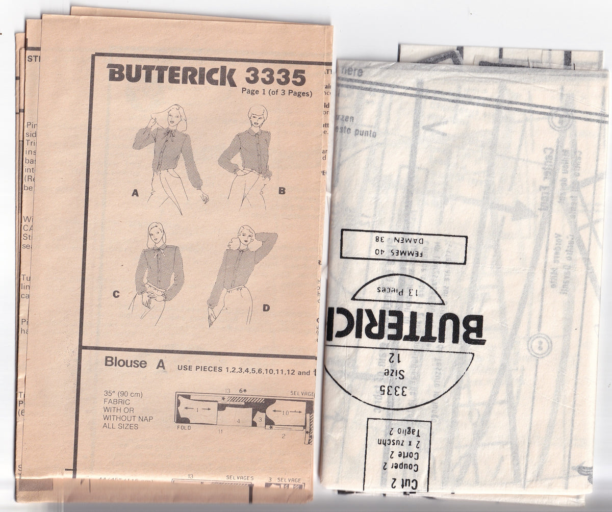 Butterick 3335 Womens High Neck Blouses 1970s Vintage Paper Sewing Pattern Size 12 Bust 34 inches