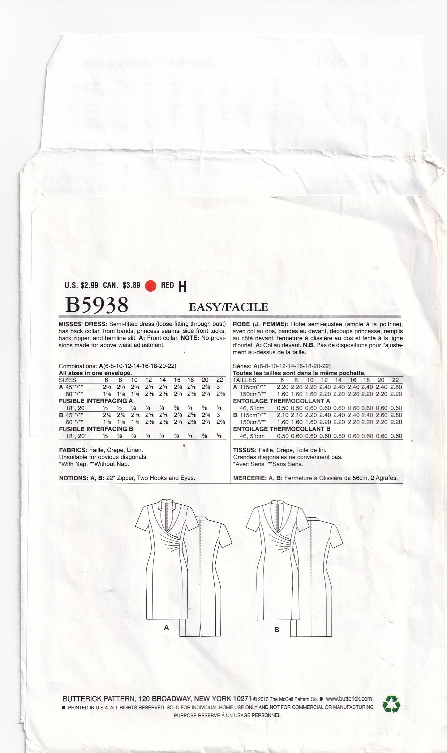 Butterick 5938 Womens EASY Mock Wrap Dress Out Of Print Sewing Pattern Sizes 6 - 22 UNCUT Factory Folded
