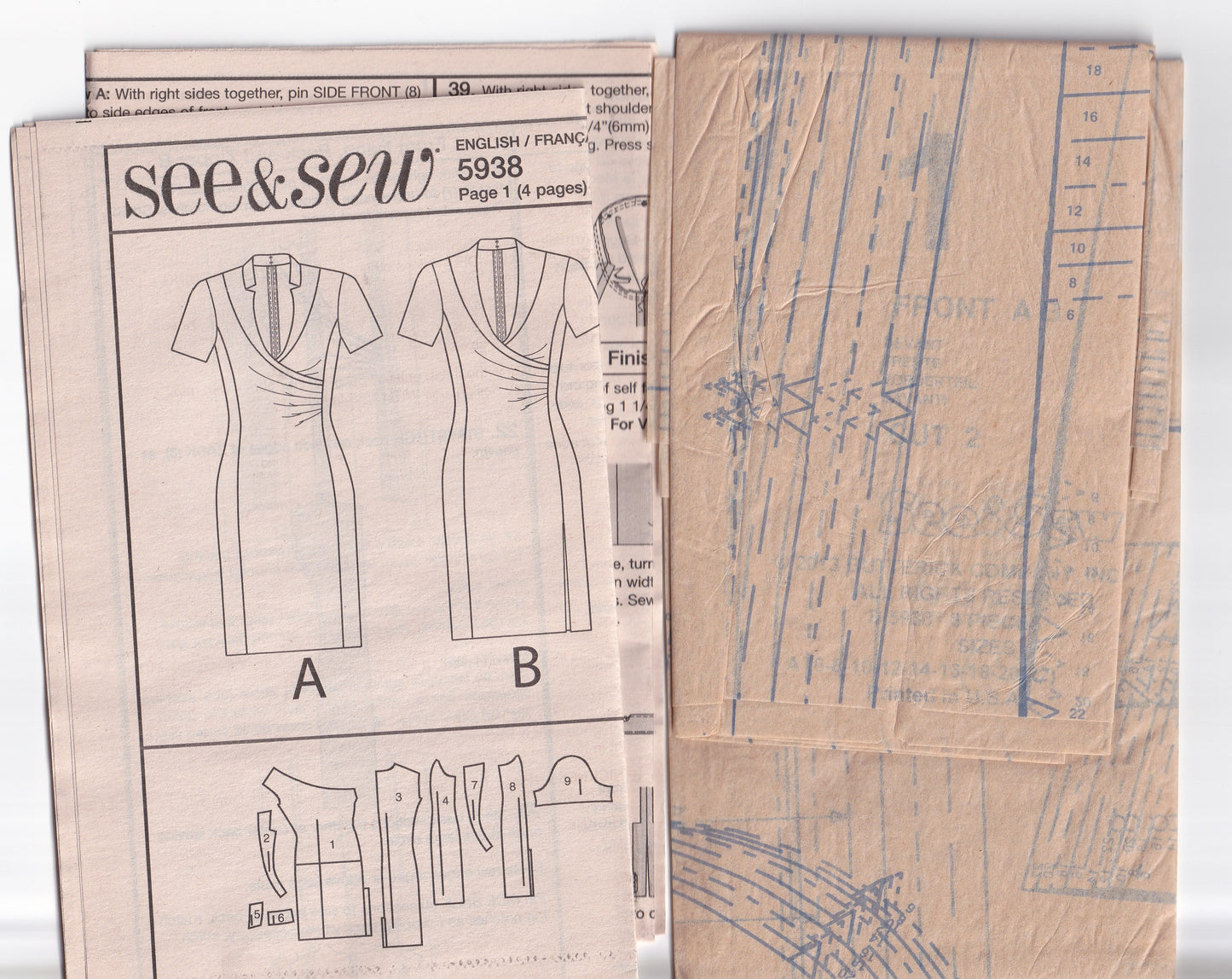 Butterick 5938 Womens EASY Mock Wrap Dress Out Of Print Sewing Pattern Sizes 6 - 22 UNCUT Factory Folded