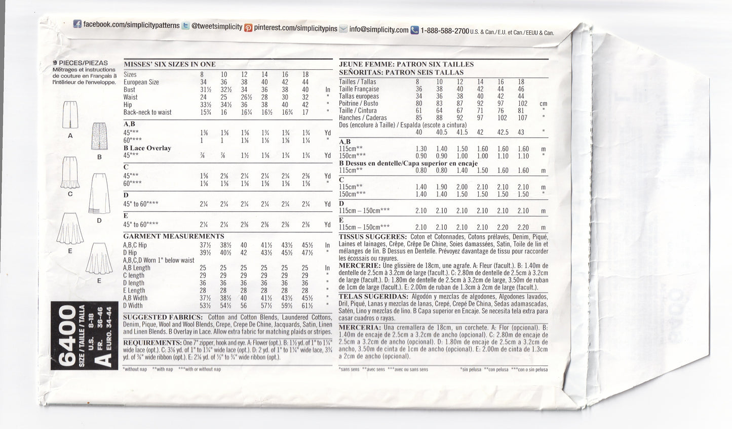 New Look 6400 Womens EASY Skirts Out Of Print Sewing Pattern Size 8 - 18 UNCUT Factory Folded