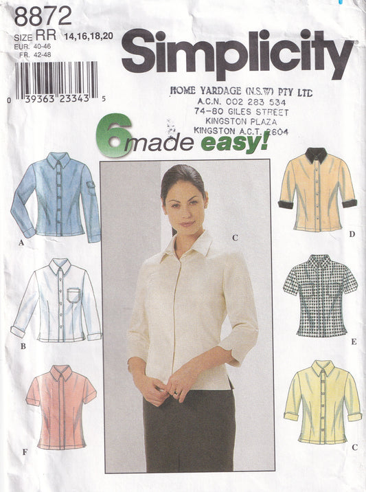 Simplicity 8872 Womens EASY Button Front Shirt 1990s Vintage Sewing Pattern Size 14 - 20 UNCUT Factory Folded