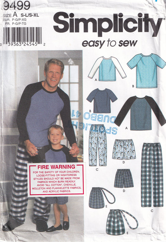 Simplicity 9499 Mens & Boys Loungewear Bag and Pyjamas Out Of Print Sewing Pattern Size XS - XL UNCUT Factory Folded