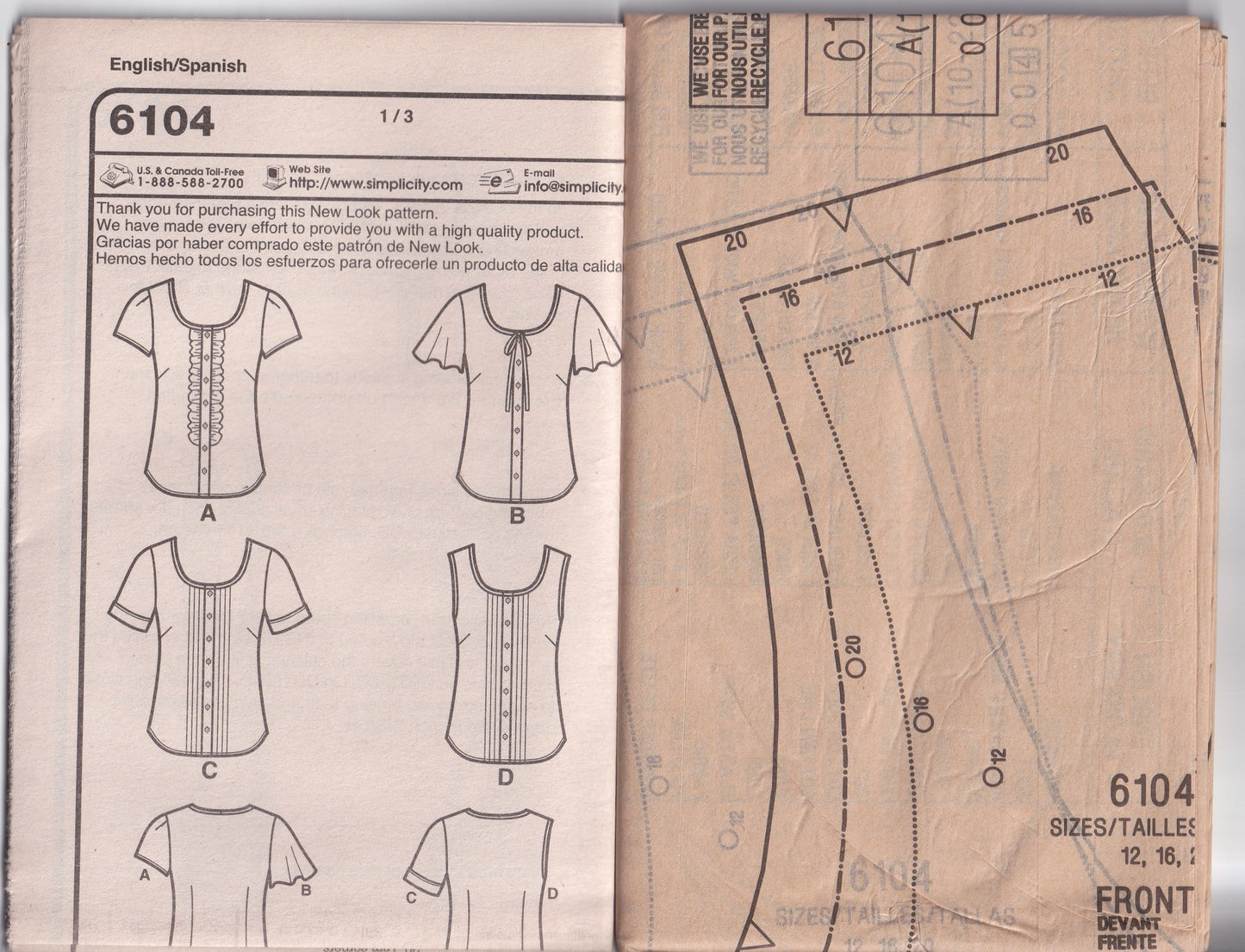 New Look 6102 Womens Fitted Summer Tops Out Of Print Paper Sewing Pattern Size 10 - 22 UNCUT Factory Folded