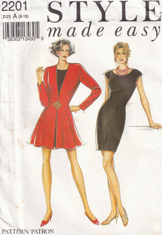 Style 2201 Womens Princess Fit & Flared Jacket & Cap Sleeved Sheath Dress 1990s Vintage Paper Sewing Pattern Size 8 - 18 UNCUT Factory Folded