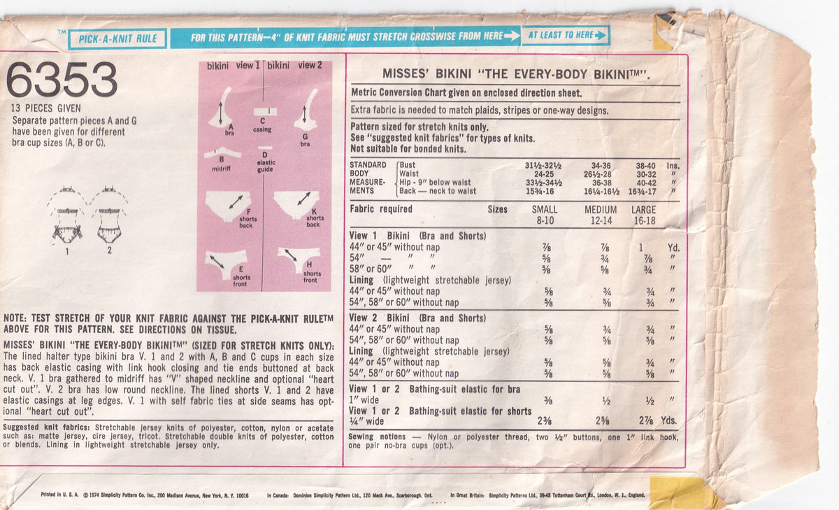 Simplicity 6353 Womens Stretch Knit Every-Body Bikini 1970s Vintage Paper Sewing Pattern Size 16 - 18