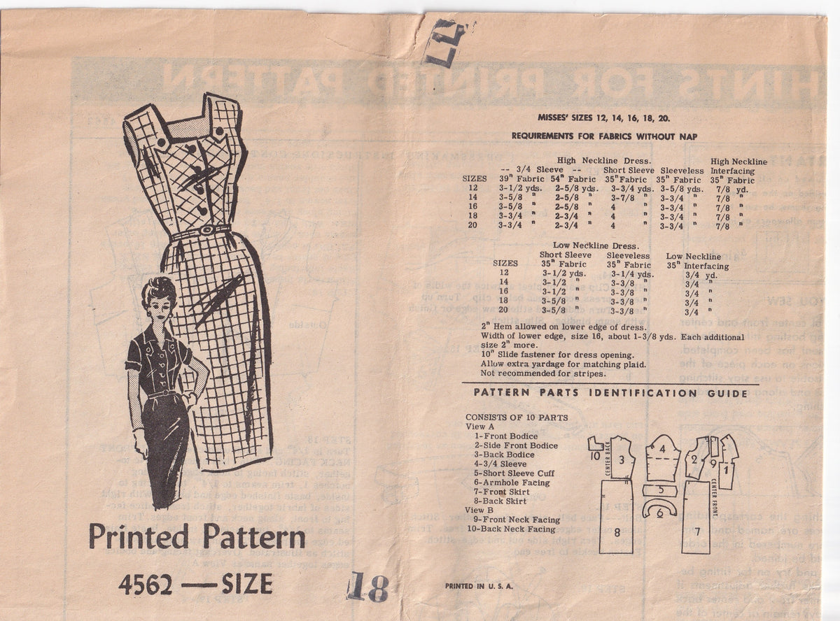 Mail Order 4562 Womens Square Neck Sheath Dress with Button Trim 1950s Vintage Paper Sewing Pattern Bust 38 Inches