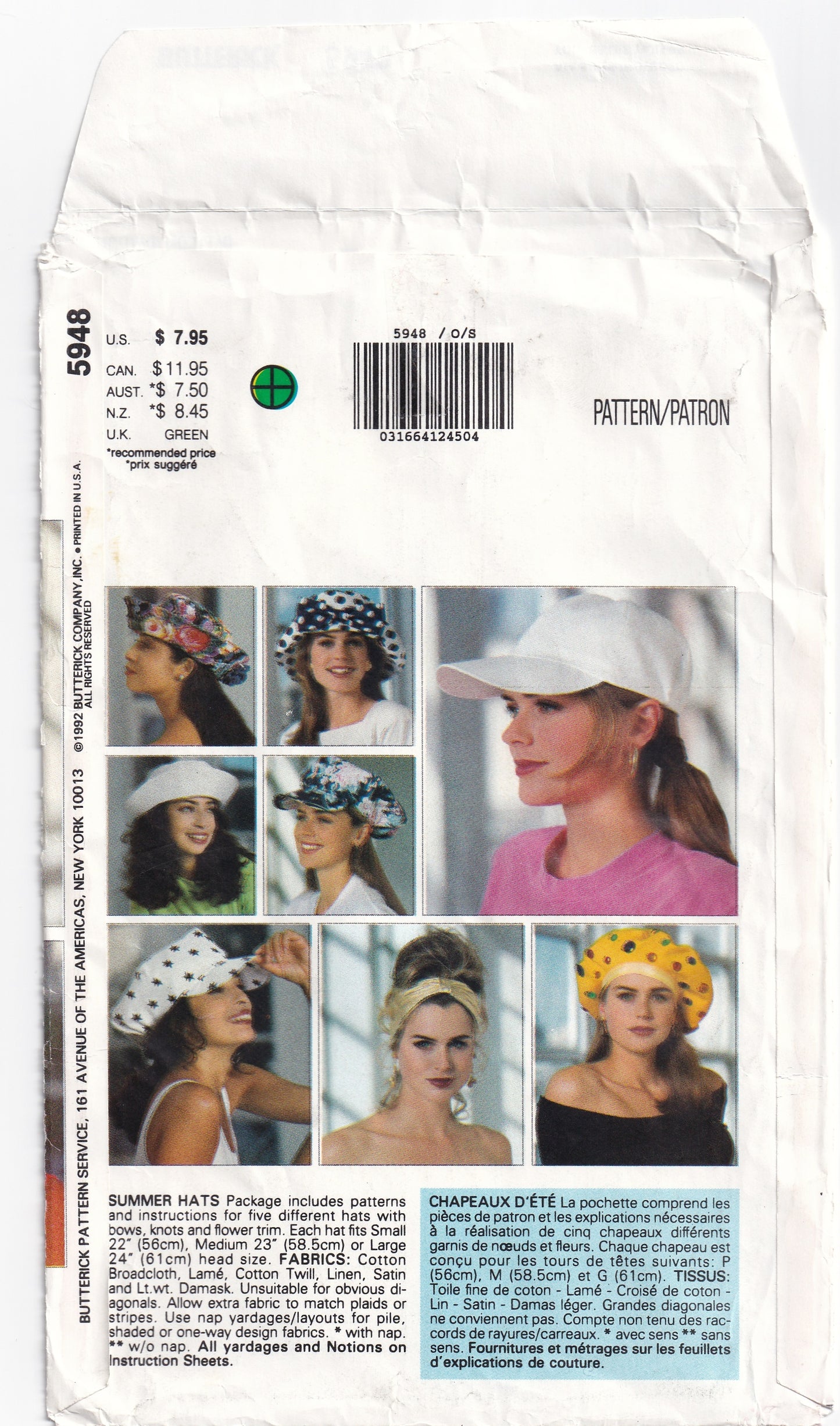 Butterick 5948 Womens Summer Hats in 13 Styles 1990s Vintage Sewing Pattern UNCUT Factory Folded